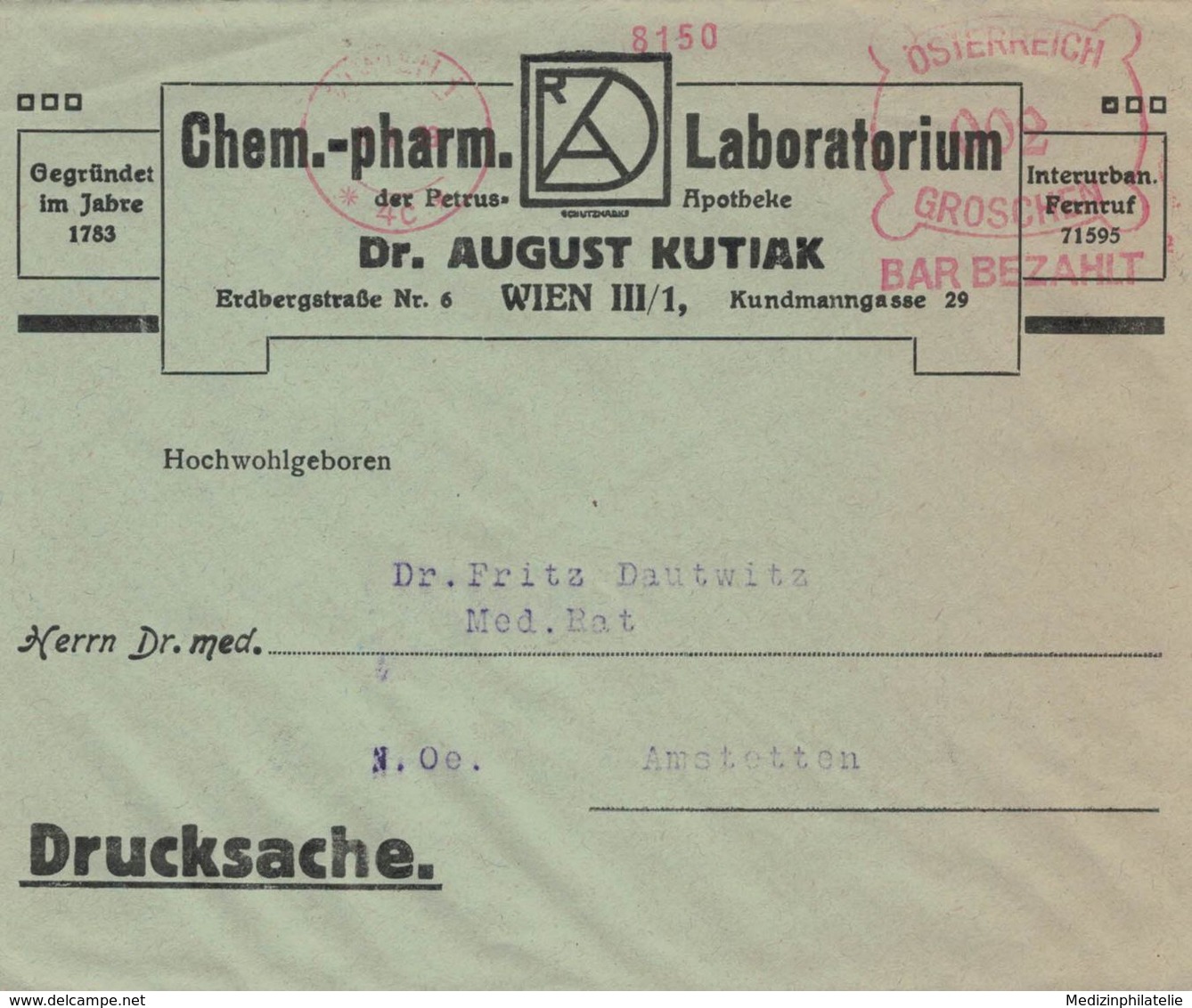 Chem.-pharm. Laboratorium Der Petrus-Apotheke - Dr. August Kutiak Wien - Nach Amstetten - Pharmacy