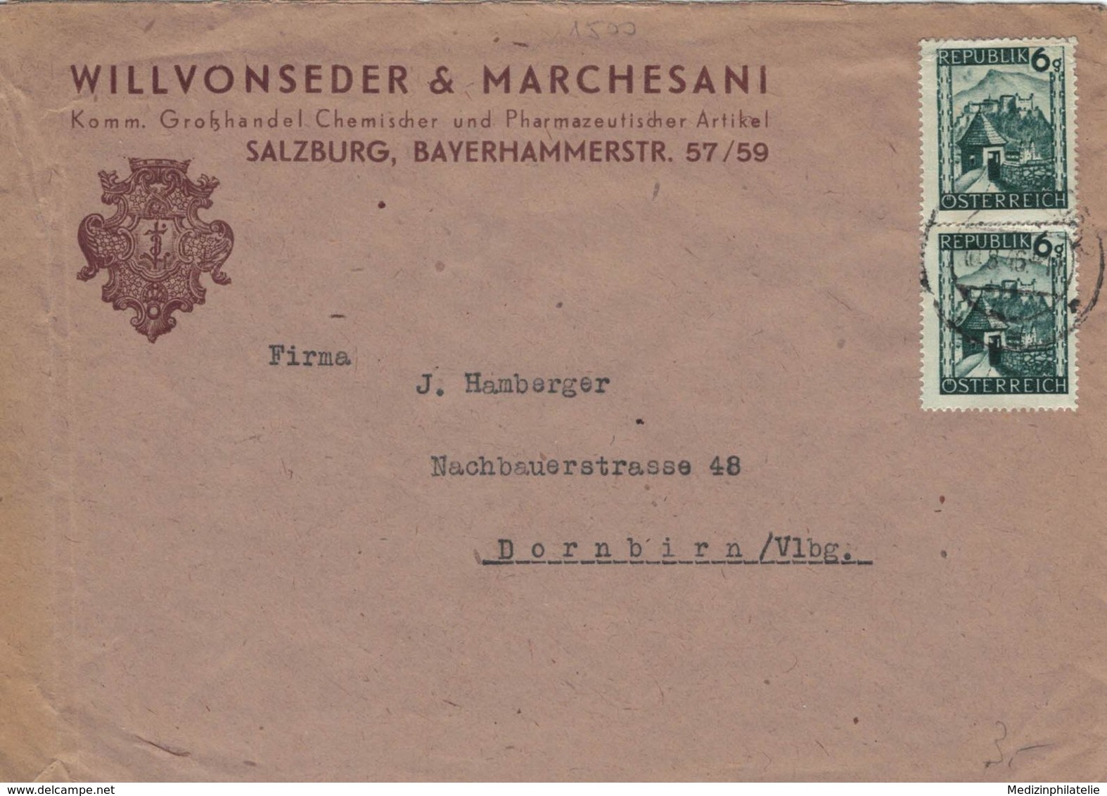 Willvonseder & Marchesani Salzburg - Salzburg Bayerhammer-STrasse - Obere Briefmarke Beschädigt - 1946 - Pharmacy