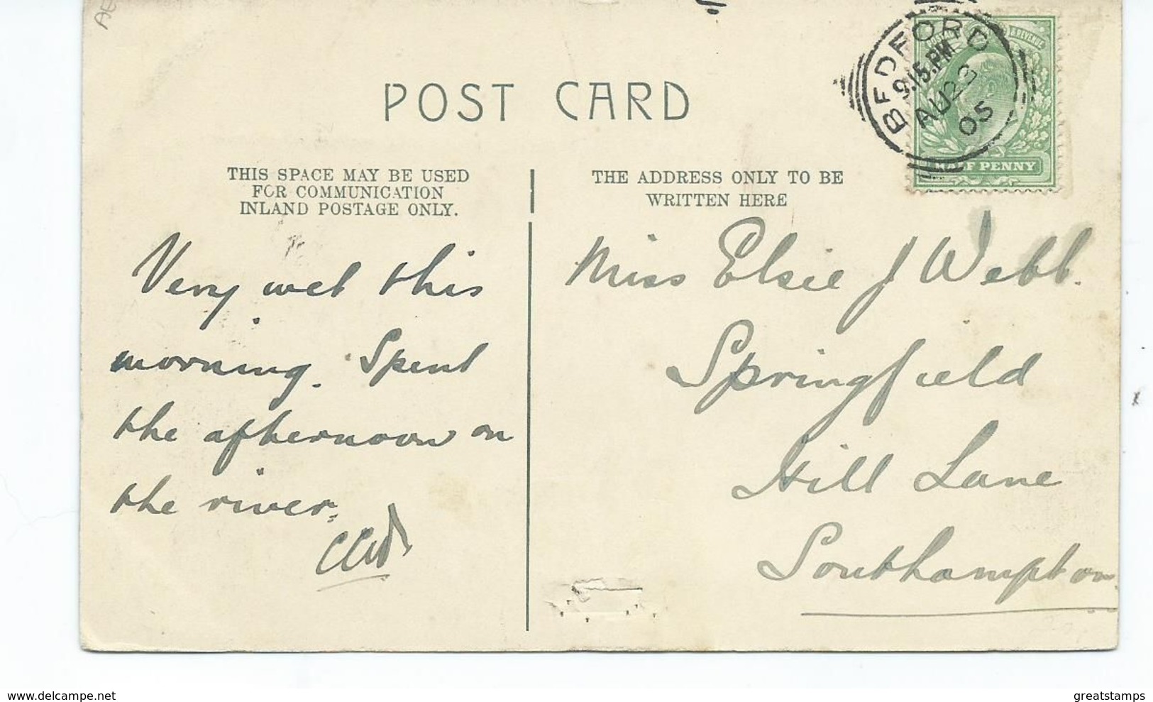 Postcard Bedford Staple Marks In Bottom Small Bedford Squared Circle Posted 1905 - Bedford