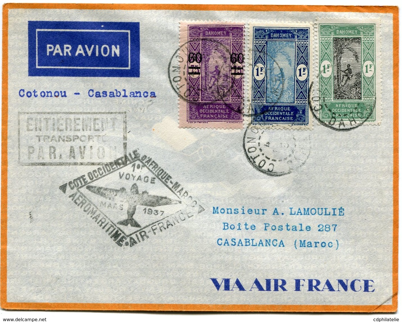 DAHOMEY LETTRE PAR AVION COTONOU - CASABLANCA DEPART COTONOU 4 MARS 37 DAHOMEY POUR LE MAROC - Storia Postale