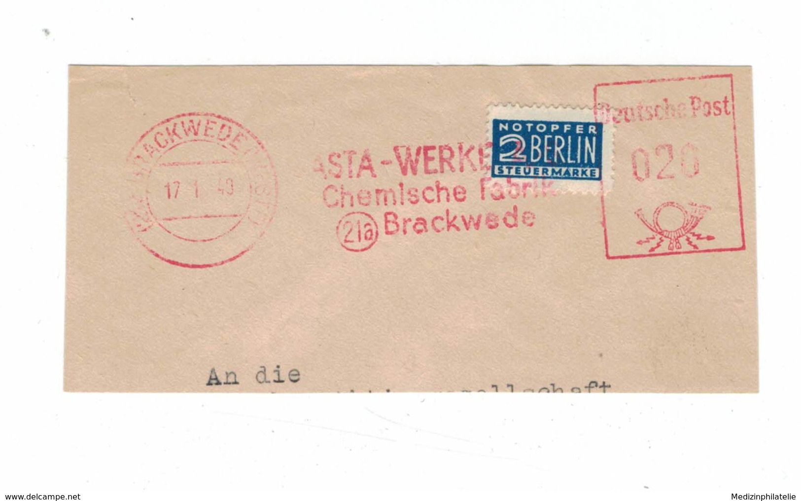 Briefausschnitt AFS - Asta Werke Chemische Fabrik 1949 - 21a Brackwede - Notopfer Berlin Steuermarke - Pharmacy