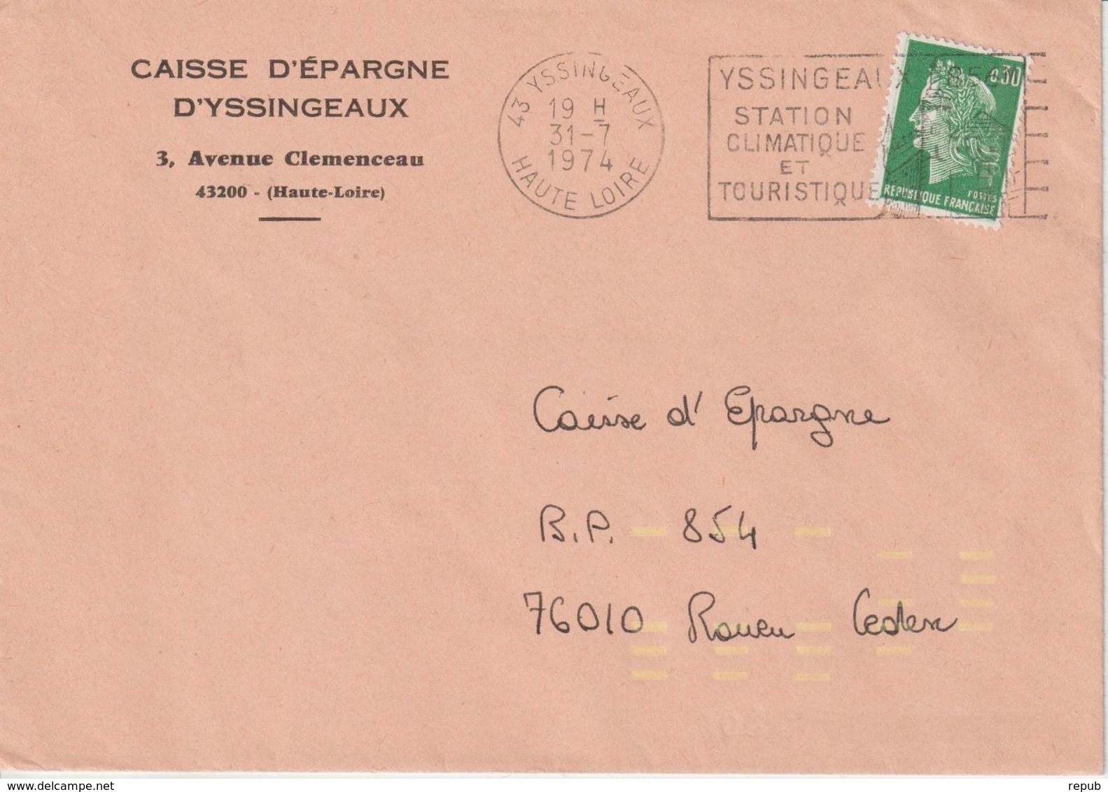 Lettre 1974 Cheffer 0.30 D' Yssingeaux 43 Pour Rouen Avec Indexation Jaune - 1961-....