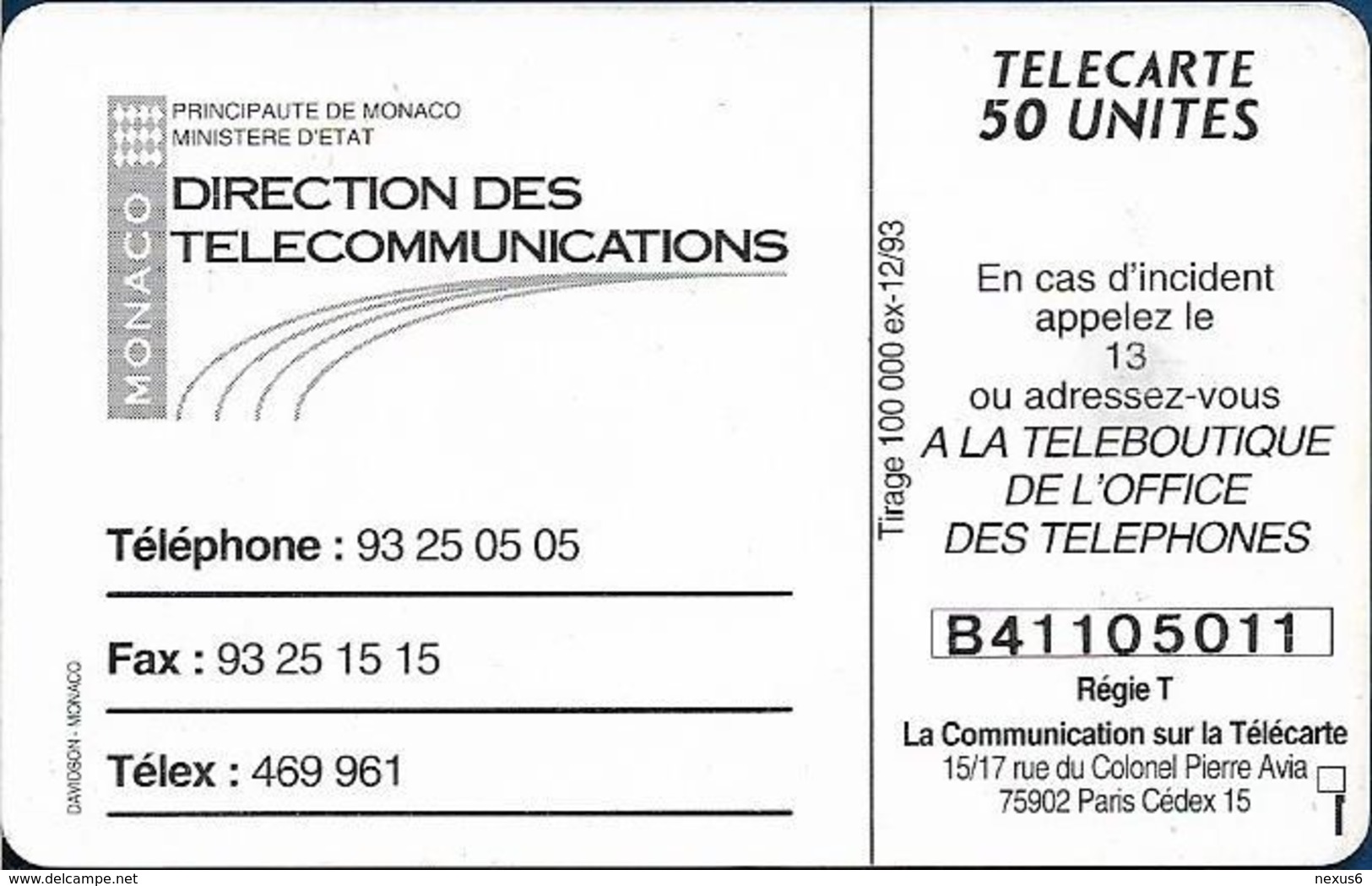 Monaco - MF31 (011) - Direction Des Telecomm. - Cn. 011, Gem1A Symmetr. Black, 12.1993, 50Units, 100.000ex, Used - Mónaco