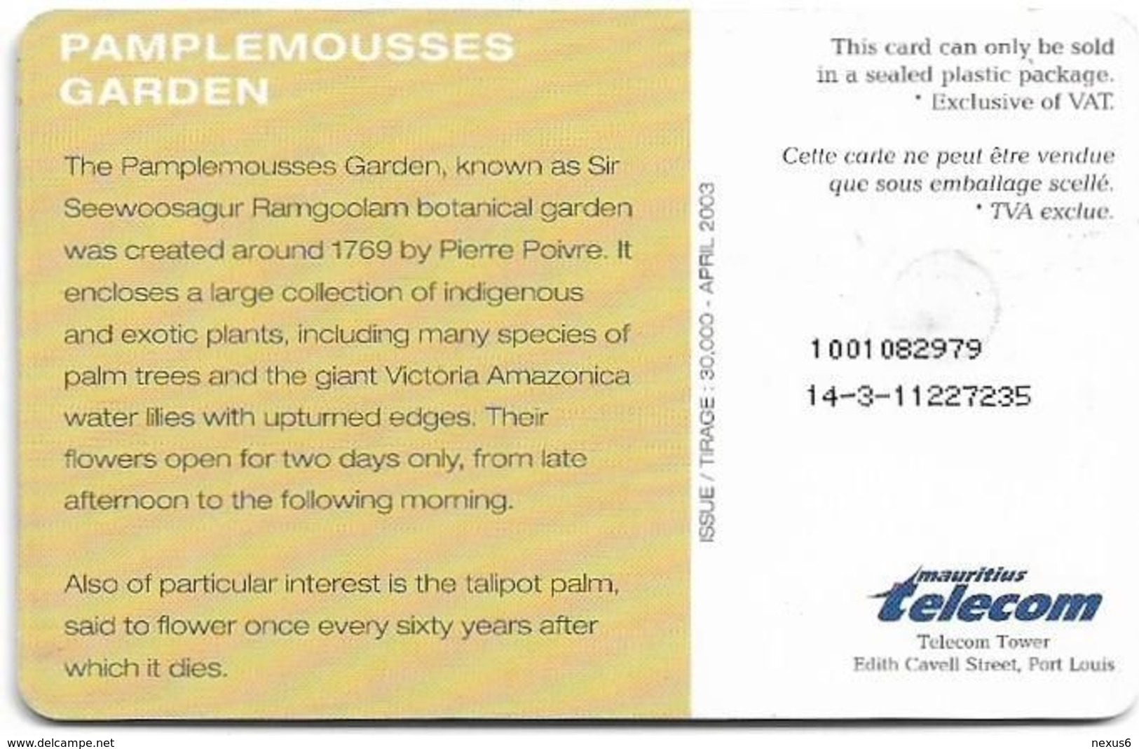 Mauritius - Mauritius Telecom (Chip) - Pamplemousses (Rev #1, No Logo, With Date), Gem5 Black, 04.2003, 30.000ex Used - Mauritius