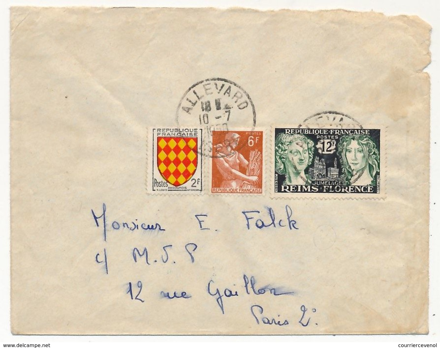 FRANCE - Enveloppe Affr. Composé 12F Reims / Florence + 2F Saintonge + 6F Moissonneuse - Allevard 1958 - Covers & Documents