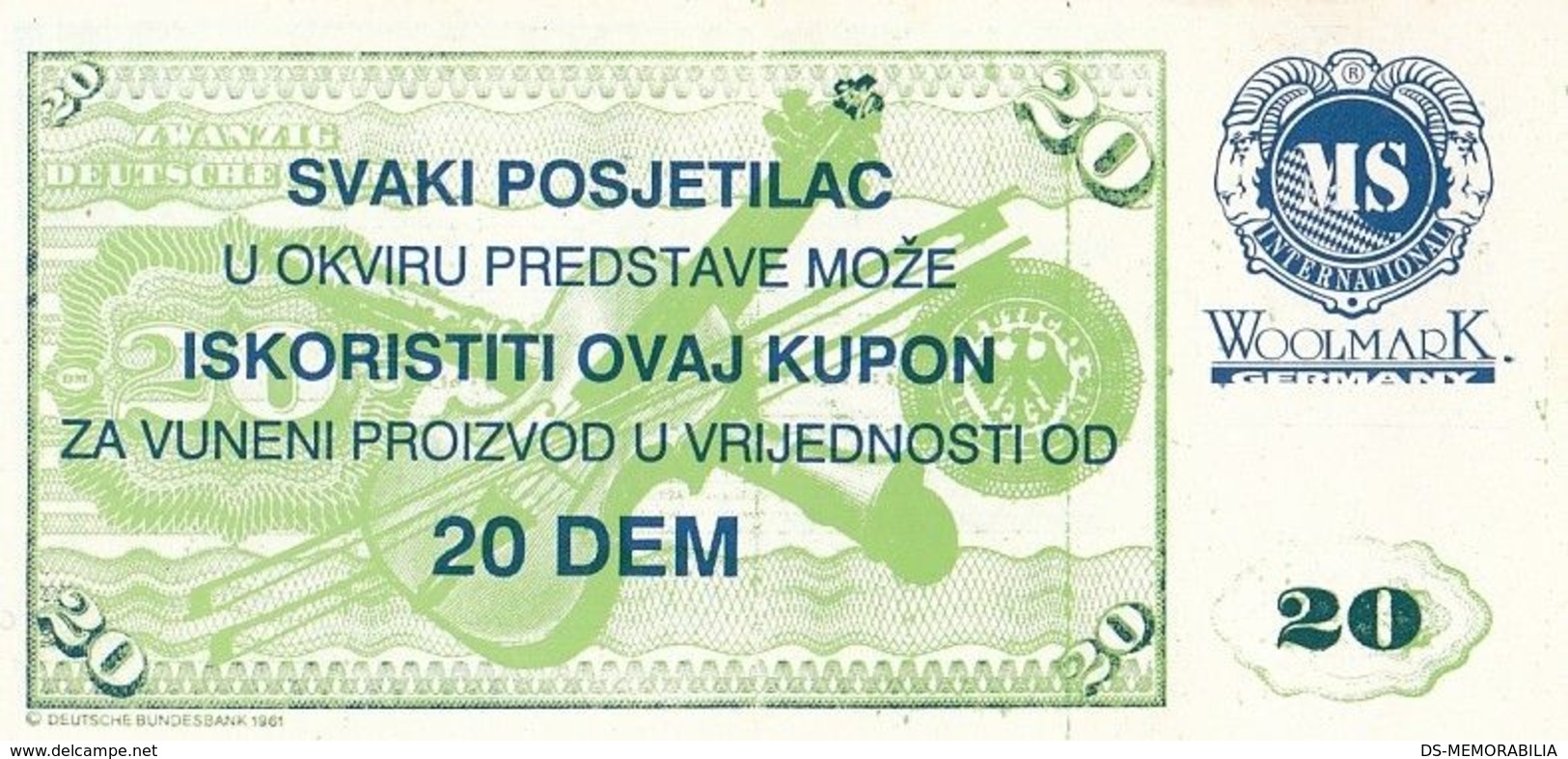 Germany Woolmark Yugoslavia 20 DM Paper Voucher - Specimen