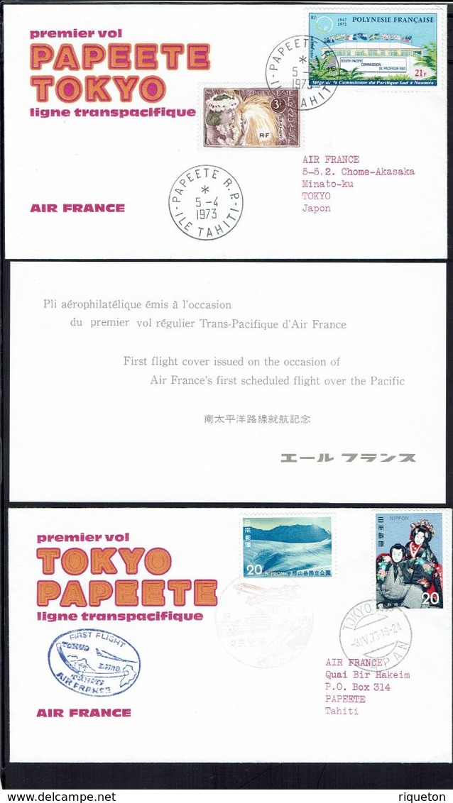 Polynésie Fr - Japon - 1973 - Deux Enveloppes Premier Vol Régulier Trans-Pacifique D'Air France Papeete Tokio Et Retour. - Covers & Documents