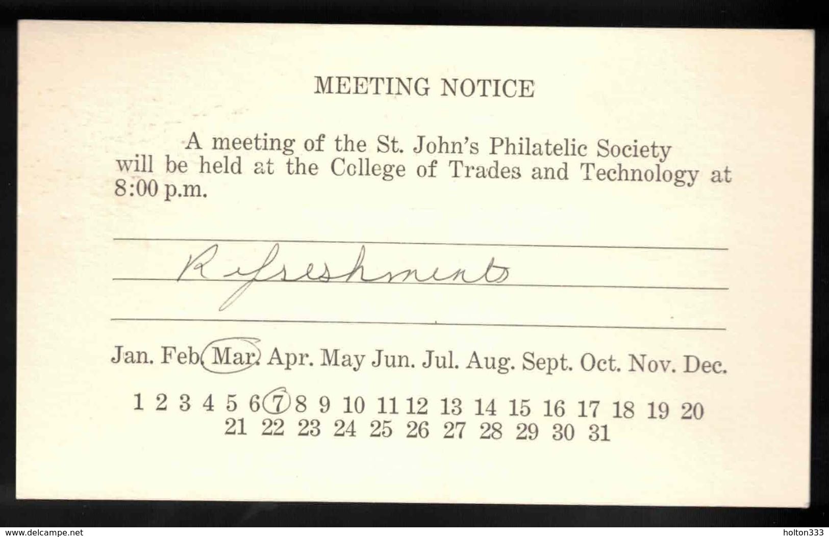 CANADA Scott # 567 On Private Postal Card - St John's Philatelic Society Meeting Notice - Postal History