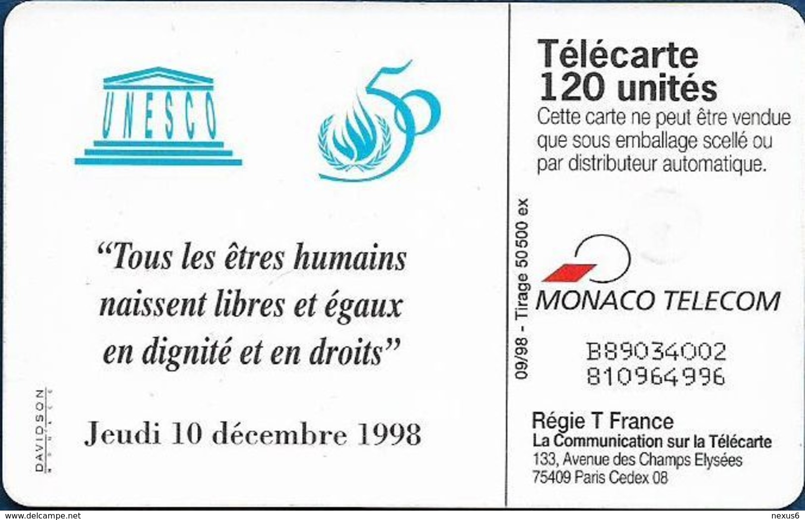 Monaco - MF51 - 1948-1998 Droits De L'Homme - Gem1B Not Symm. White/Gold, 09.1998, 120Units, 50.500ex, Used - Monace