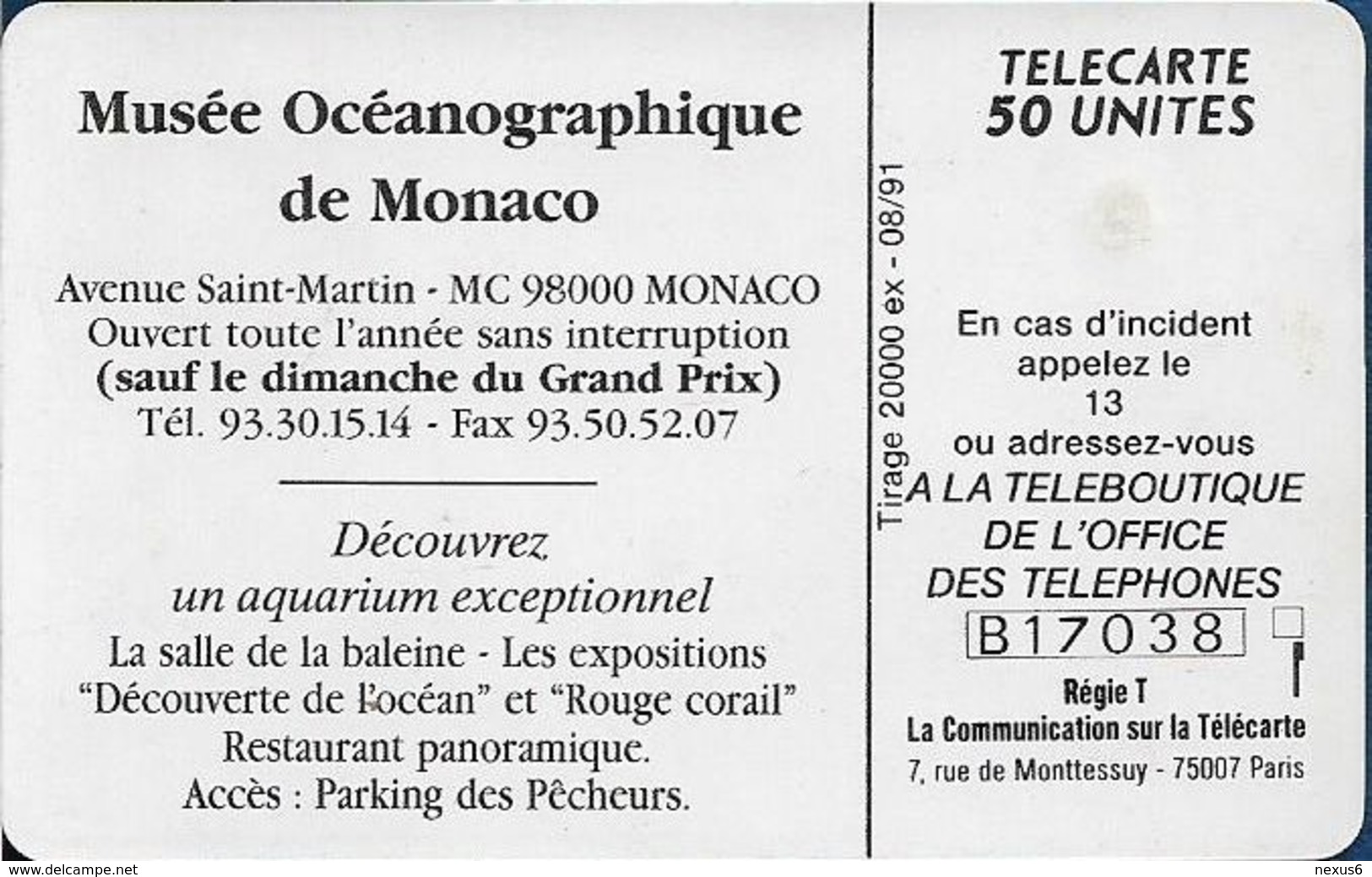 Monaco - MF16 - Musée Oceanographique - Gem1A Symm. Black, 08.1991, 50Units, 20.000ex, Used - Mónaco