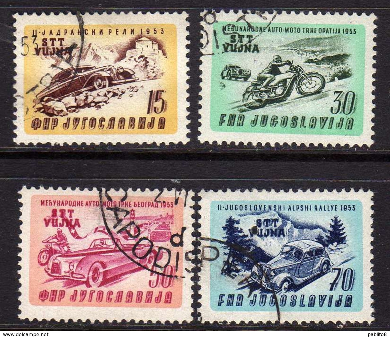 TRIESTE B 1953 CORSE AUTOMOTOCICLISTICHE RACING YUGOSLAVIA SOPRASTAMPATO JUGOSLAVIA OVERPRINTED SERIE SET USATA USED - Used