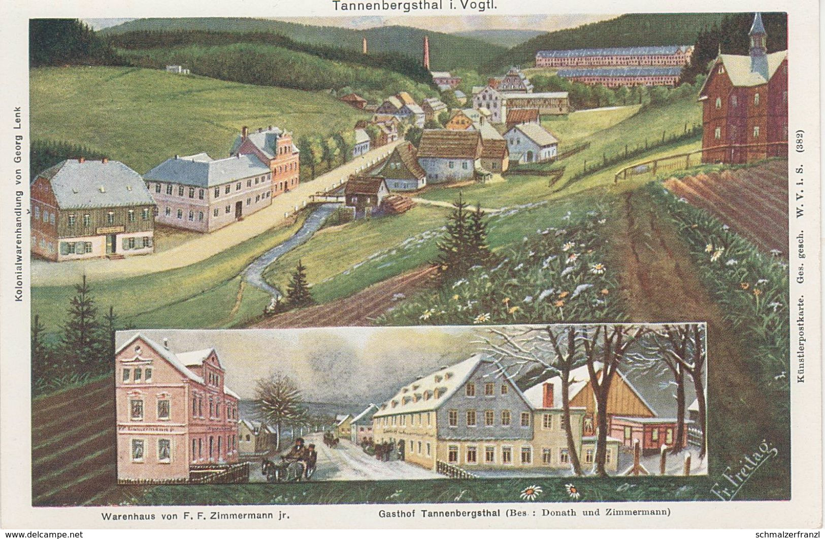 Litho AK Tannenbergsthal Vogtland Gasthof Warenhaus Zimmermann Muldenhammer Grünbach Gottesberg Rautenkranz Klingenthal - Eibenstock