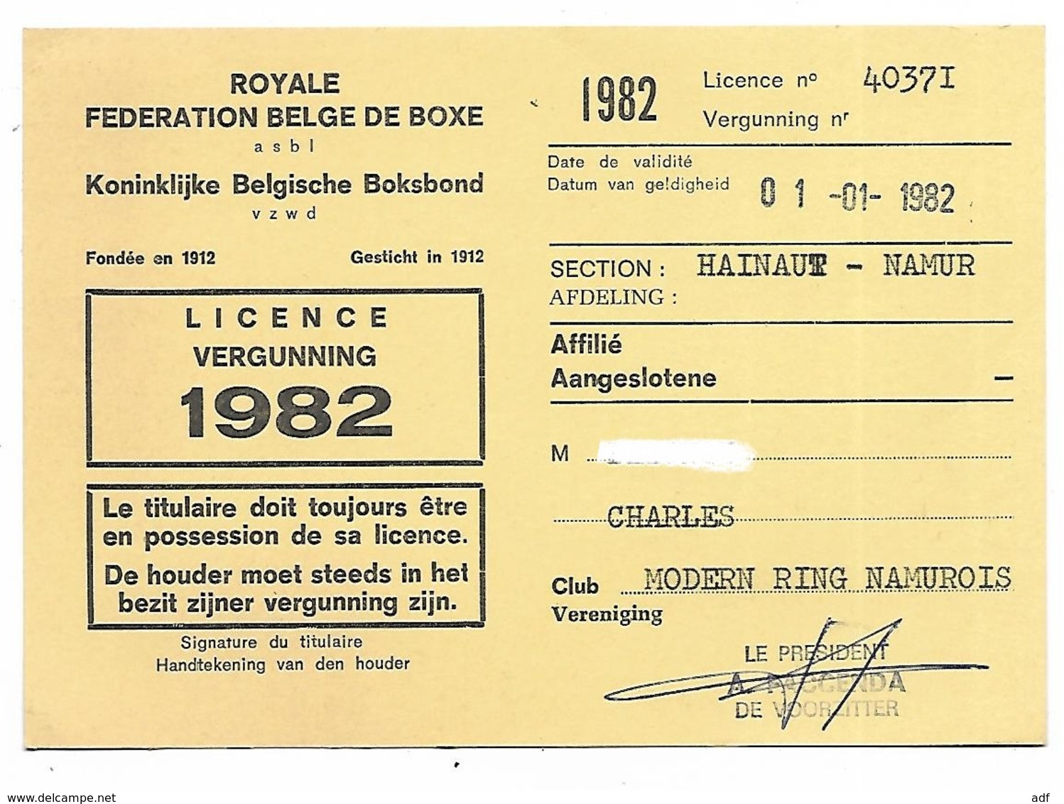 ANCIENNE LICENCE FEDERATION BELGE DE BOXE, CLUB MODERN RING NAMUROIS, HAINAUT BELGIQUE, 1982 - Autres & Non Classés