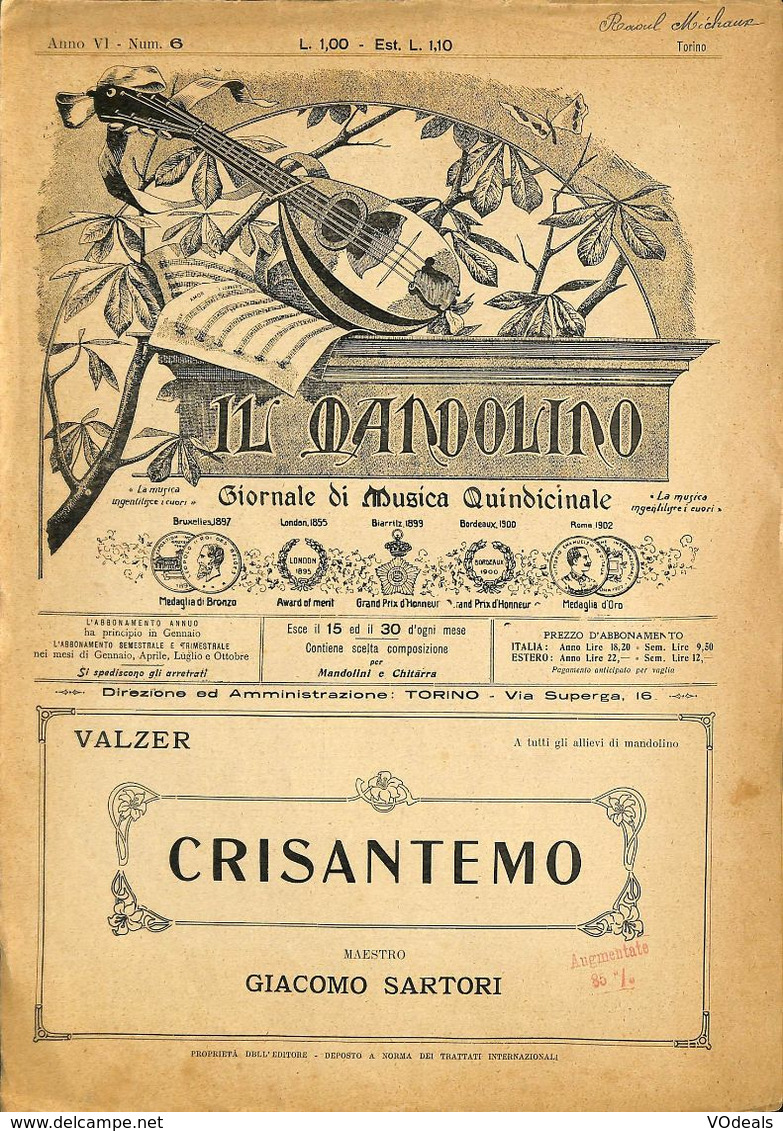 ANCIENNES PARTITIONS DE MUSIQUE -  IL MANDOLINO : GIORNALE DI MUSICA QUINDICINALE - Crisantemo - Année 19xx - Musik