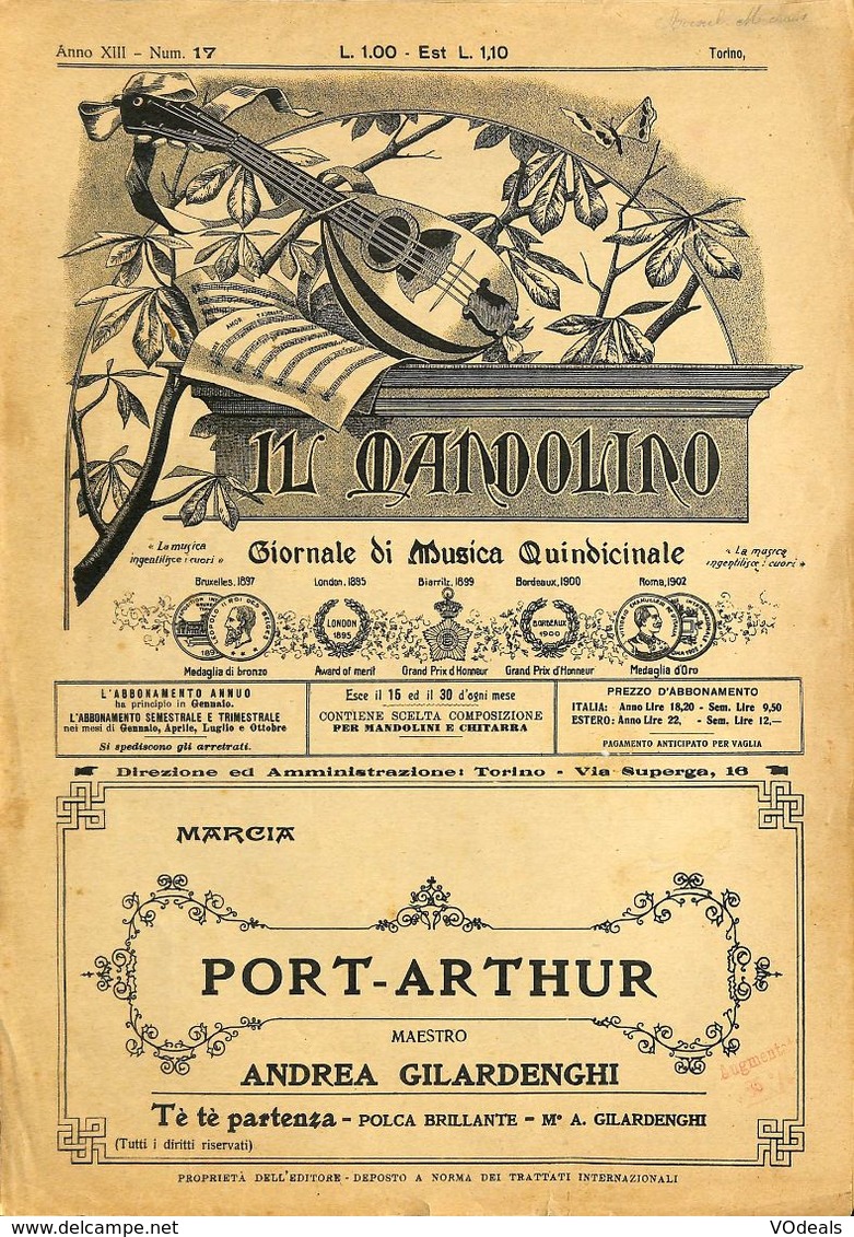 ANCIENNES PARTITIONS DE MUSIQUE -  IL MANDOLINO : GIORNALE DI MUSICA QUINDICINALE - Port-Arthur - Année 1926 - Musik