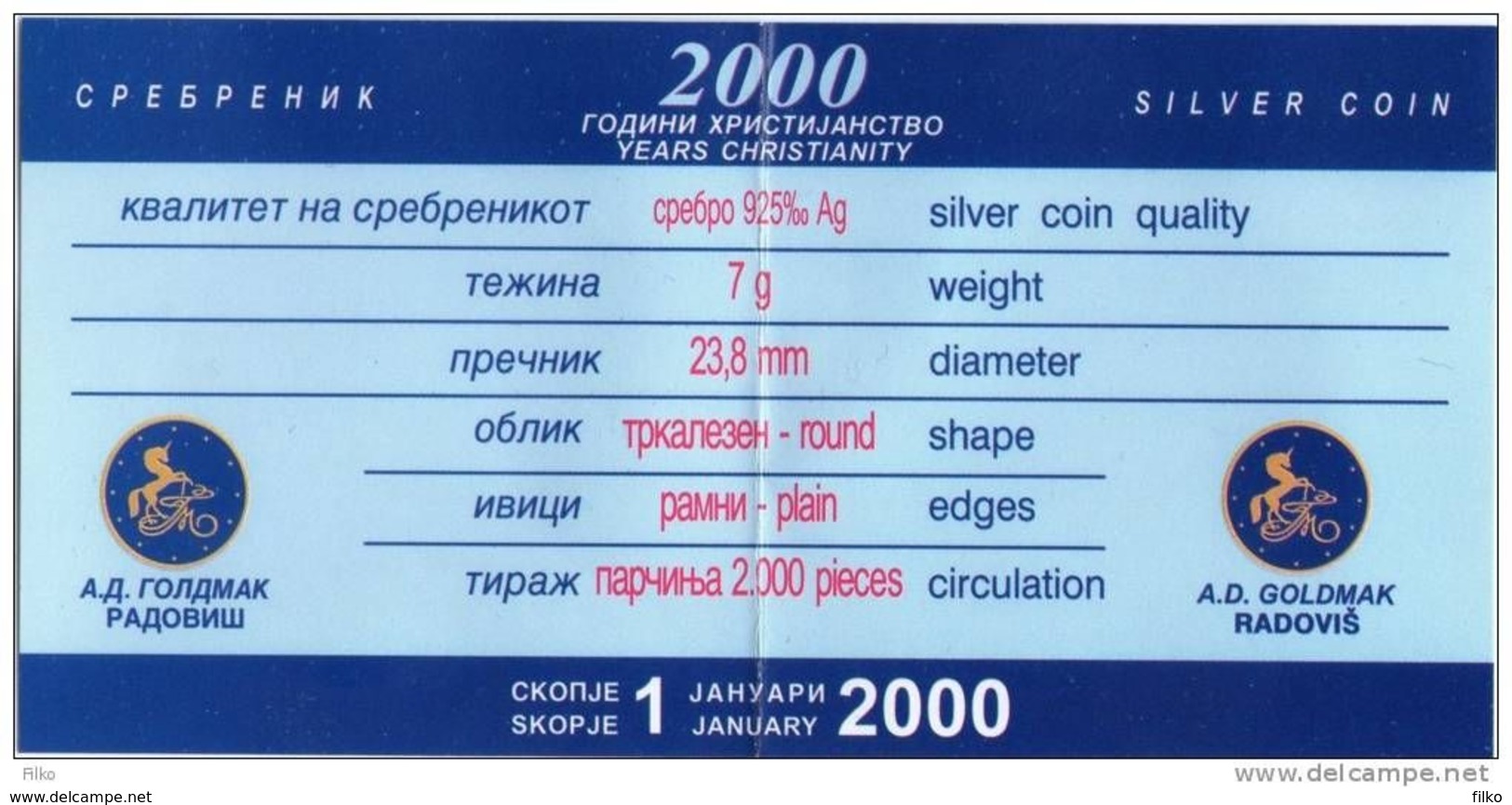 Macedonia 1 Denar 2000 Silver Commemorativ Km#9a, With Certificate, As Scan - Macédoine Du Nord