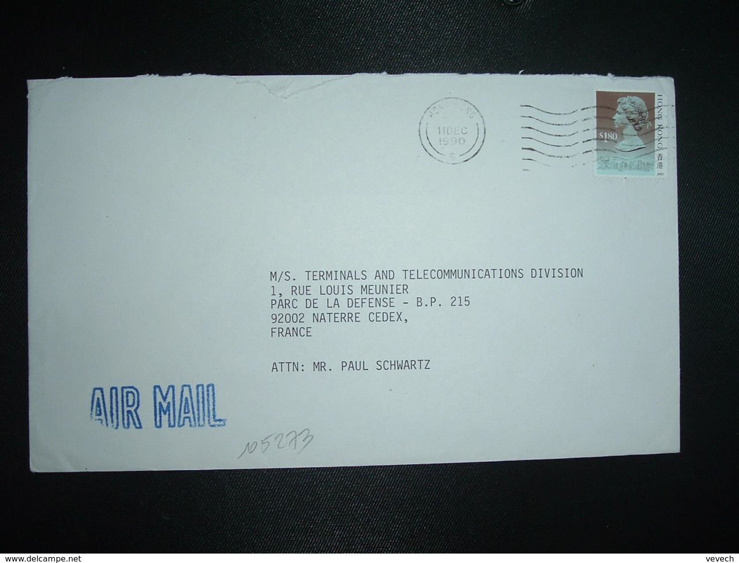 LETTRE Par AVION Pour La FRANCE TP  S 1,80 OBL.MEC.11 DEC 1990 HONG KONG - Lettres & Documents