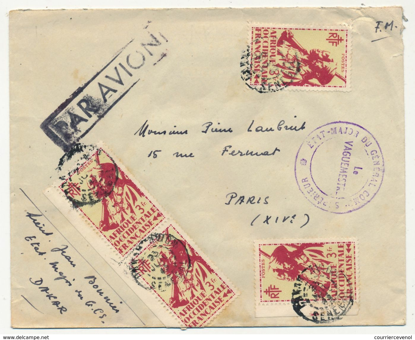 SENEGAL - Enveloppe Affr. 3F X4 Cachet "Etat Major Du Général Com. Supérieur" - DAKAR 1945 - Covers & Documents