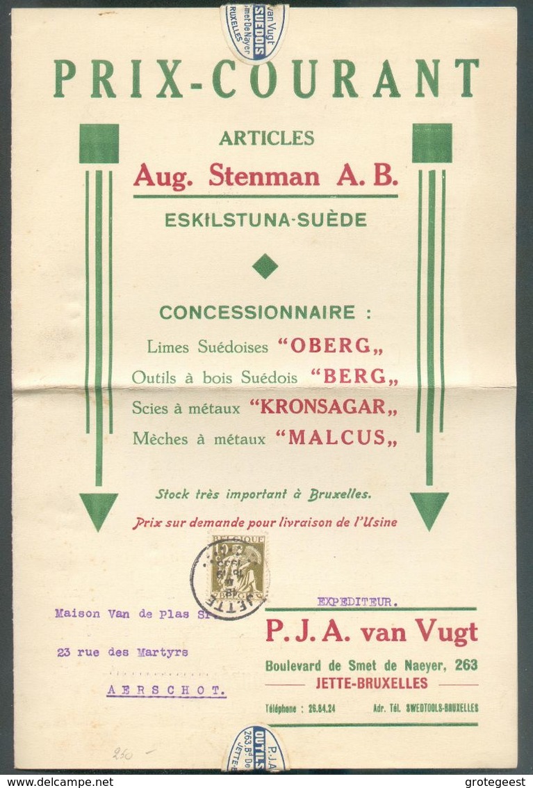 10 C. Cérès Obl. Sc JETTE 18-II-1935 Sur Carte Folio Double Publicitaire A. Steenman (limes OBERG Outils à Bois BERG Sci - 1932 Ceres Und Mercure