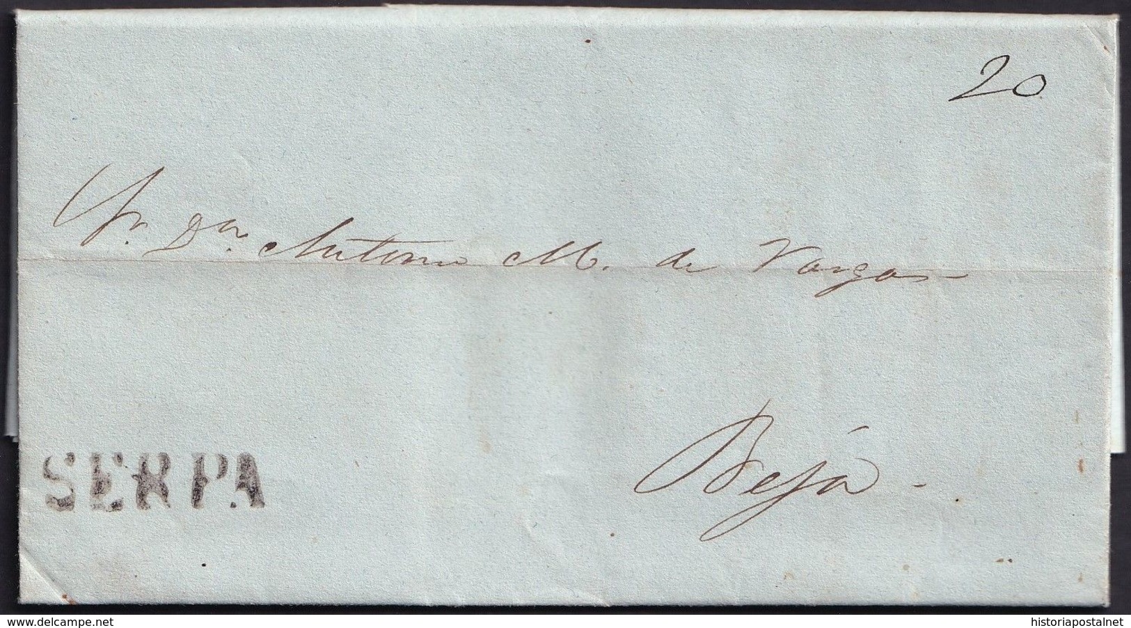 1848. ALDEA NOVA A BEJA. MARCA LINEAL SERPA EN TINTA DE ESCRIBIR. PORTEO MNS. 20 REIS. MUY BONITO EJEMPLAR. - ...-1853 Prefilatelia