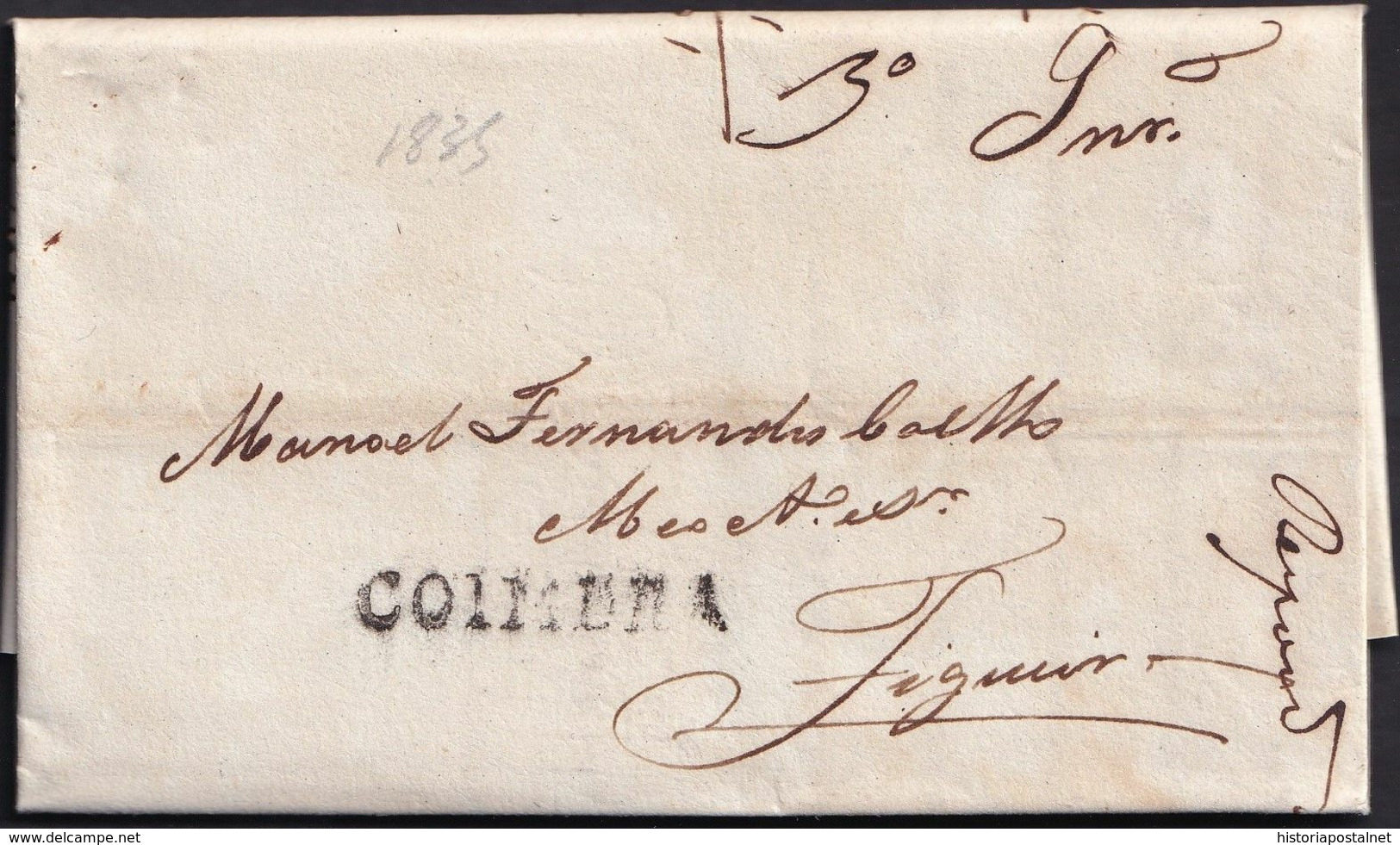 1835. COIMBRA A FIGUEIRA. MARCA LINEAL COIMBRA EN NEGRO Y PORTEO MNS. 30 REIS. MUY BONITA CARTA COMPLETA. - ...-1853 Prefilatelia