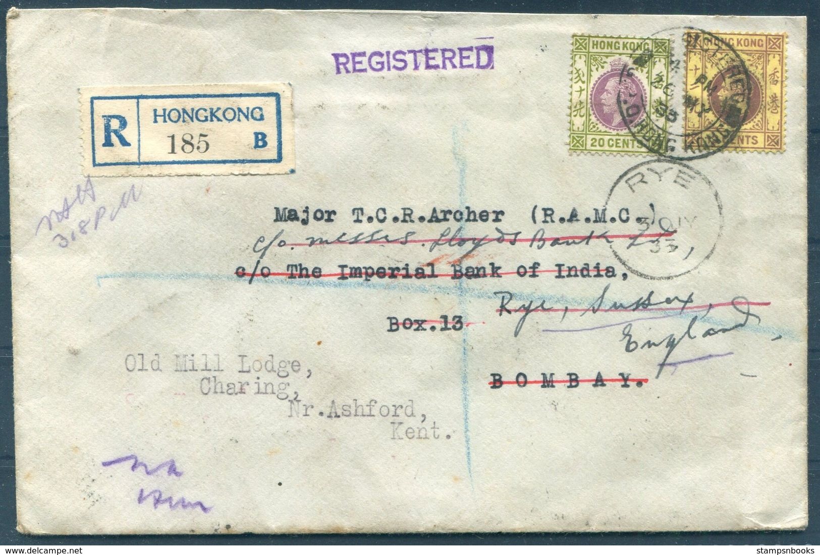 1933 H.K. Registered Canton Union Insurance Cover - Major T.C.R. Archer R.A.M.C. Bombay Redirected Rye, Charing Kent - Lettres & Documents