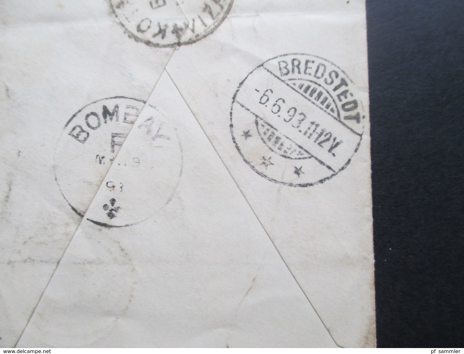 GB Kolonie Indien 1893 GA Mit Überdruck Rücks. 5 Stempel U.a. Ra1 Too Late Und Sea Post Office Nach Bredstedt - 1882-1901 Empire
