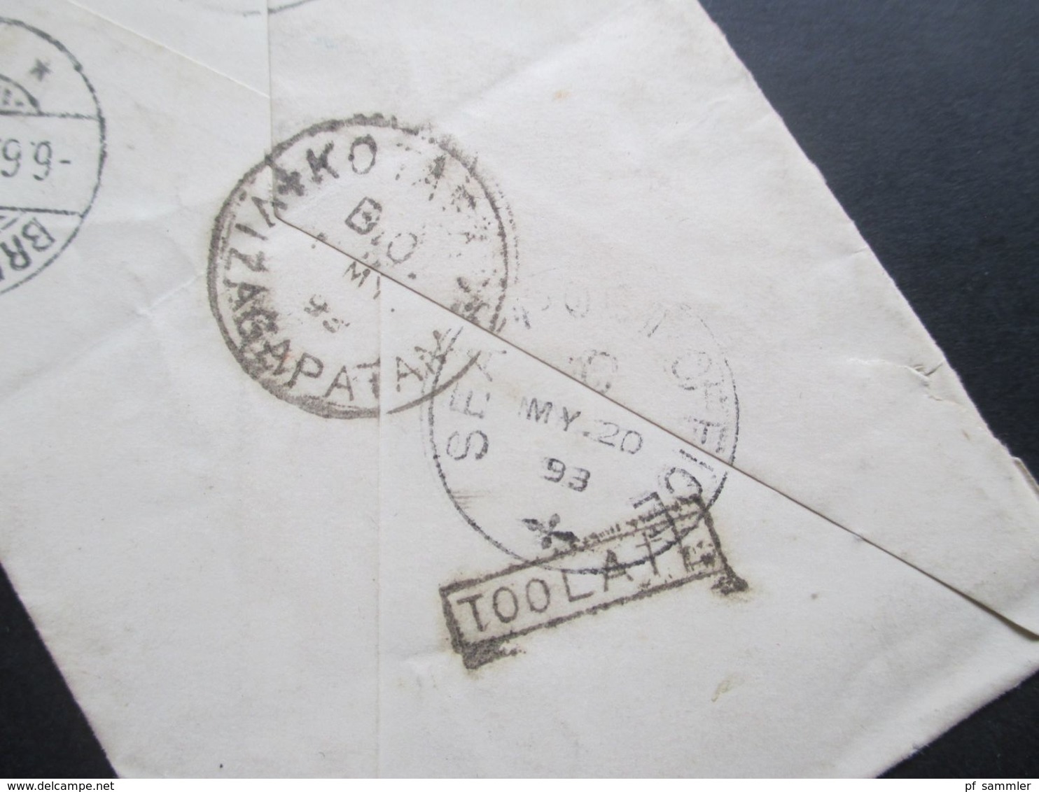 GB Kolonie Indien 1893 GA Mit Überdruck Rücks. 5 Stempel U.a. Ra1 Too Late Und Sea Post Office Nach Bredstedt - 1882-1901 Empire