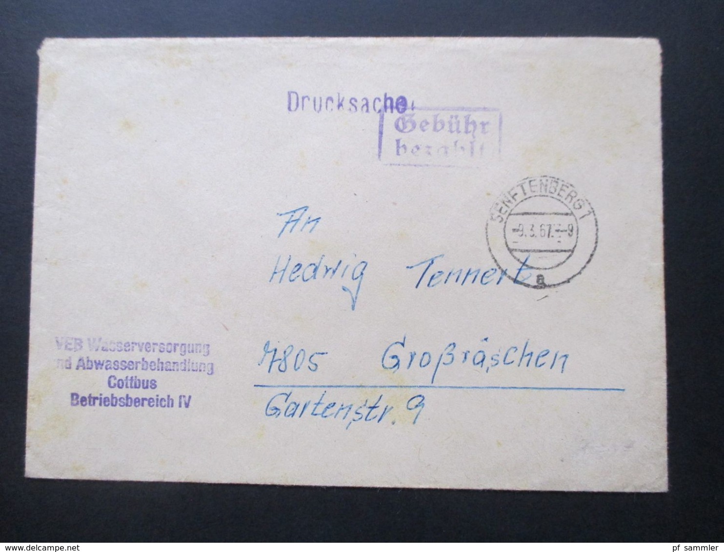 DDR Stempel Gebühr Bezahlt Senftenberg 1967 Drucksache VEB Wasserversorgung Und Abwasserbehandlung Cottbus / Senftenberg - Briefe U. Dokumente