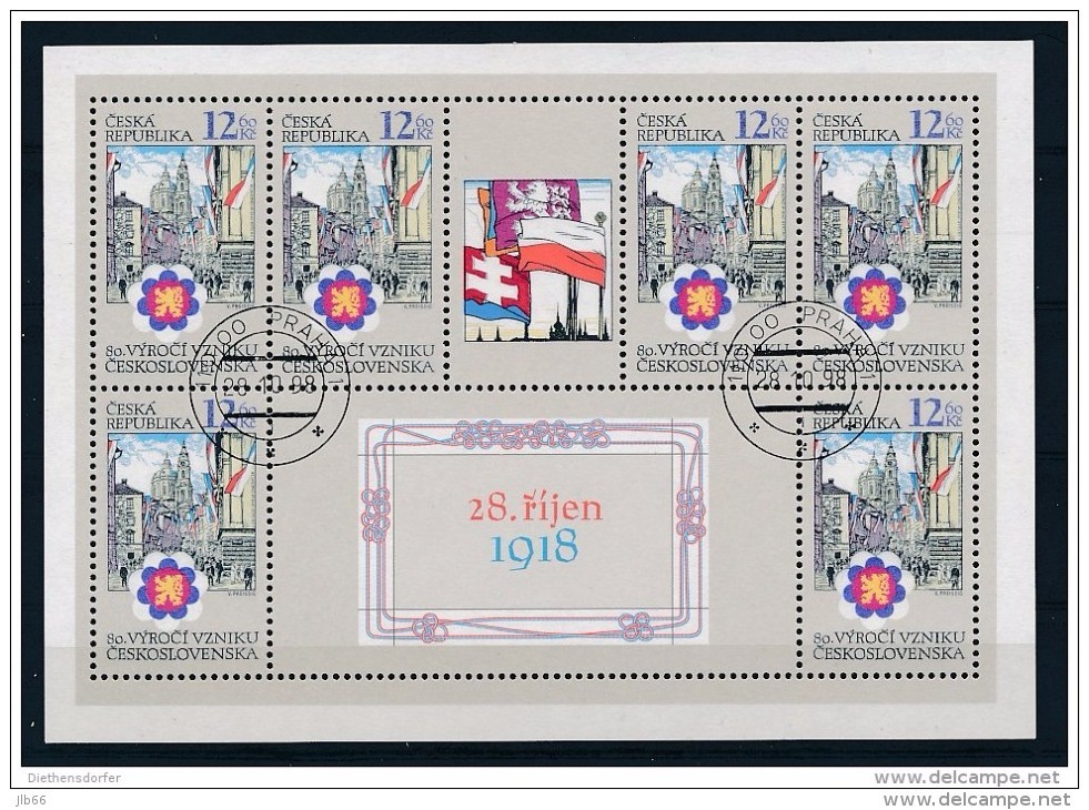 1918-1998 : Feuillet Oblitéré De 6 Timbres YT 191 : 80 ème Anniversaire De La Fondation De La Tchécoslovaquie - Blocks & Sheetlets