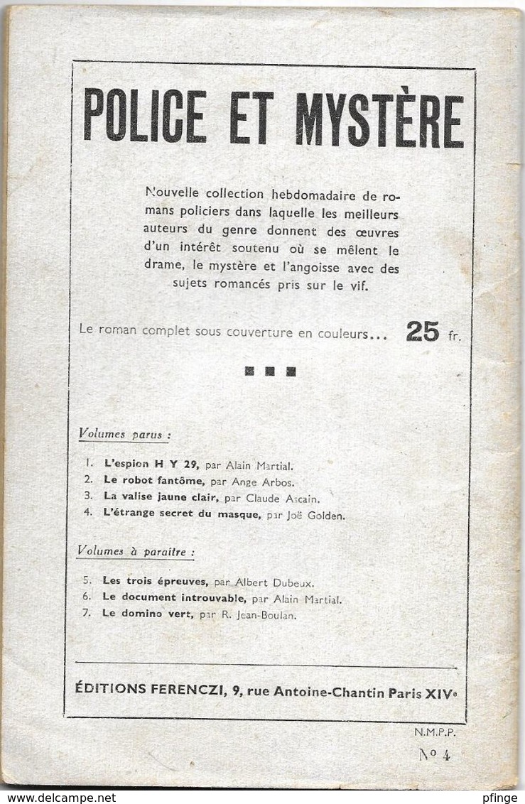 L'étrange Secret Du Masque Par Joe Golden - Collection Police Et Mystère ( Deuxième Série ) N°4 - Ferenczi