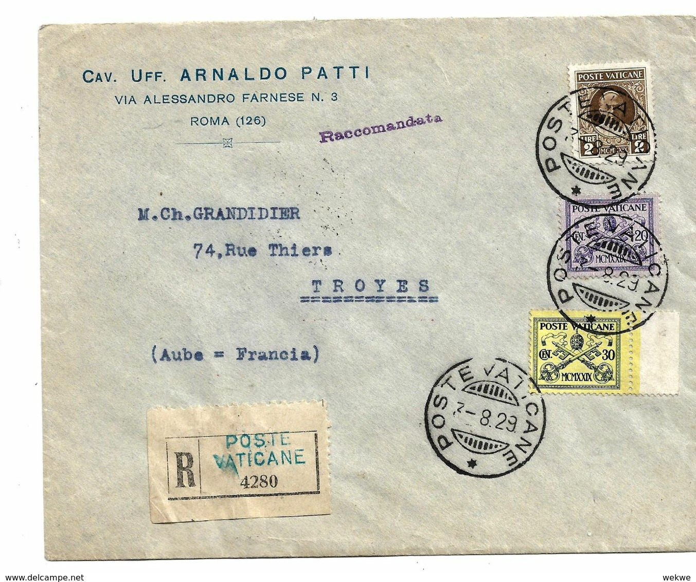 Vat011 / VATICAN  - Einschreiben, Frankiert Mit Marken Der Ersten Ausgabe 1929 Nach Troyes/Frankreich - Lettres & Documents