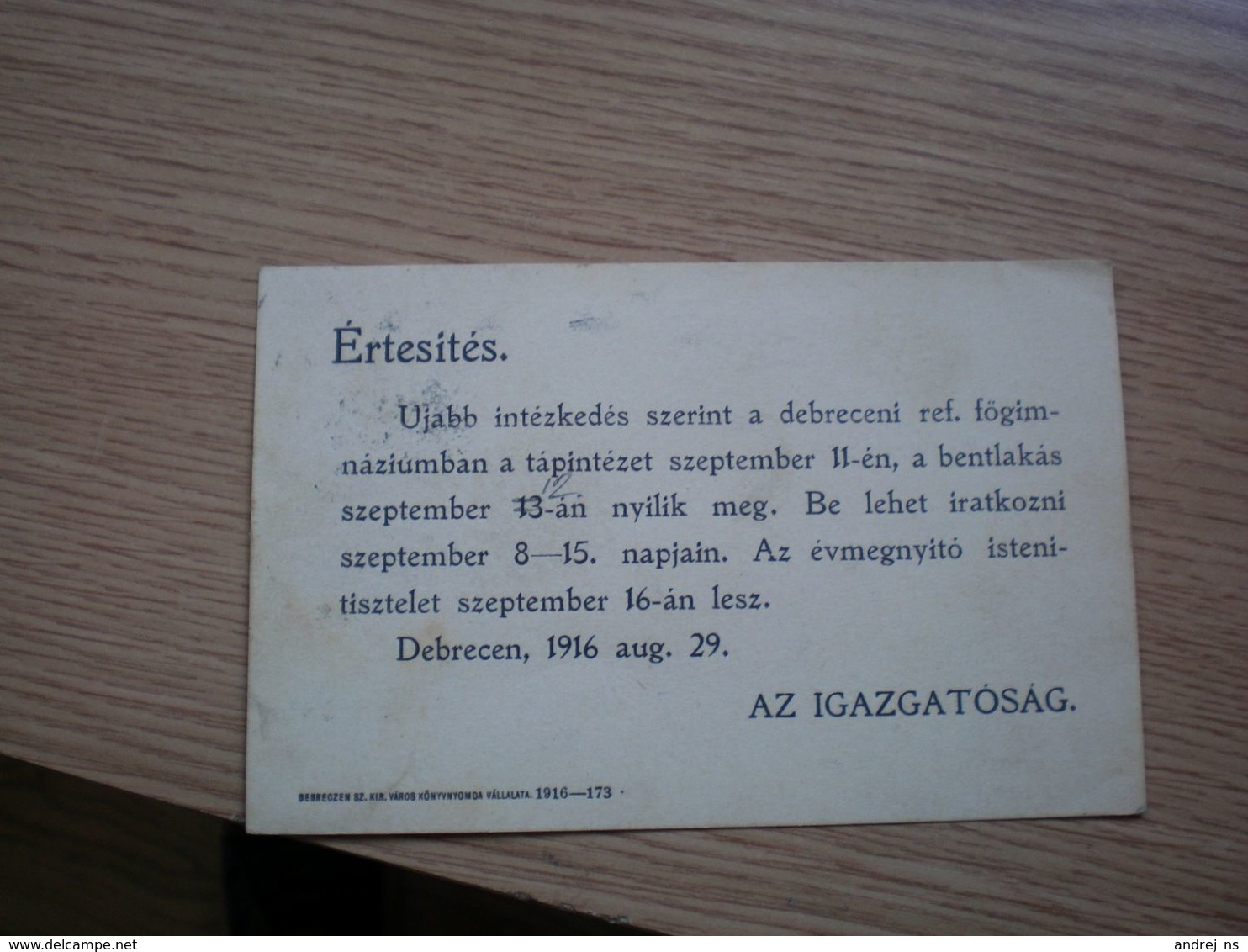 Nyomtatvant Reformatus Lelkeszi Hivatal Verec  1916 - Banat-Bacska