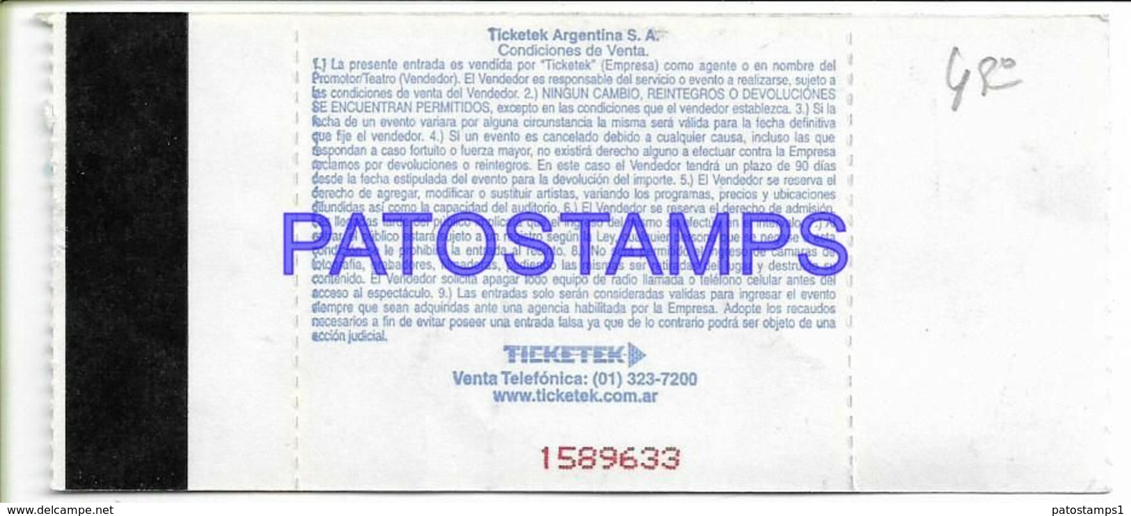 139218 ARGENTINA BUENOS AIRES TEATRO GRAN REX ARTIST SANDRO ENTRADA TICKET NO POSTAL POSTCARD - Concert Tickets
