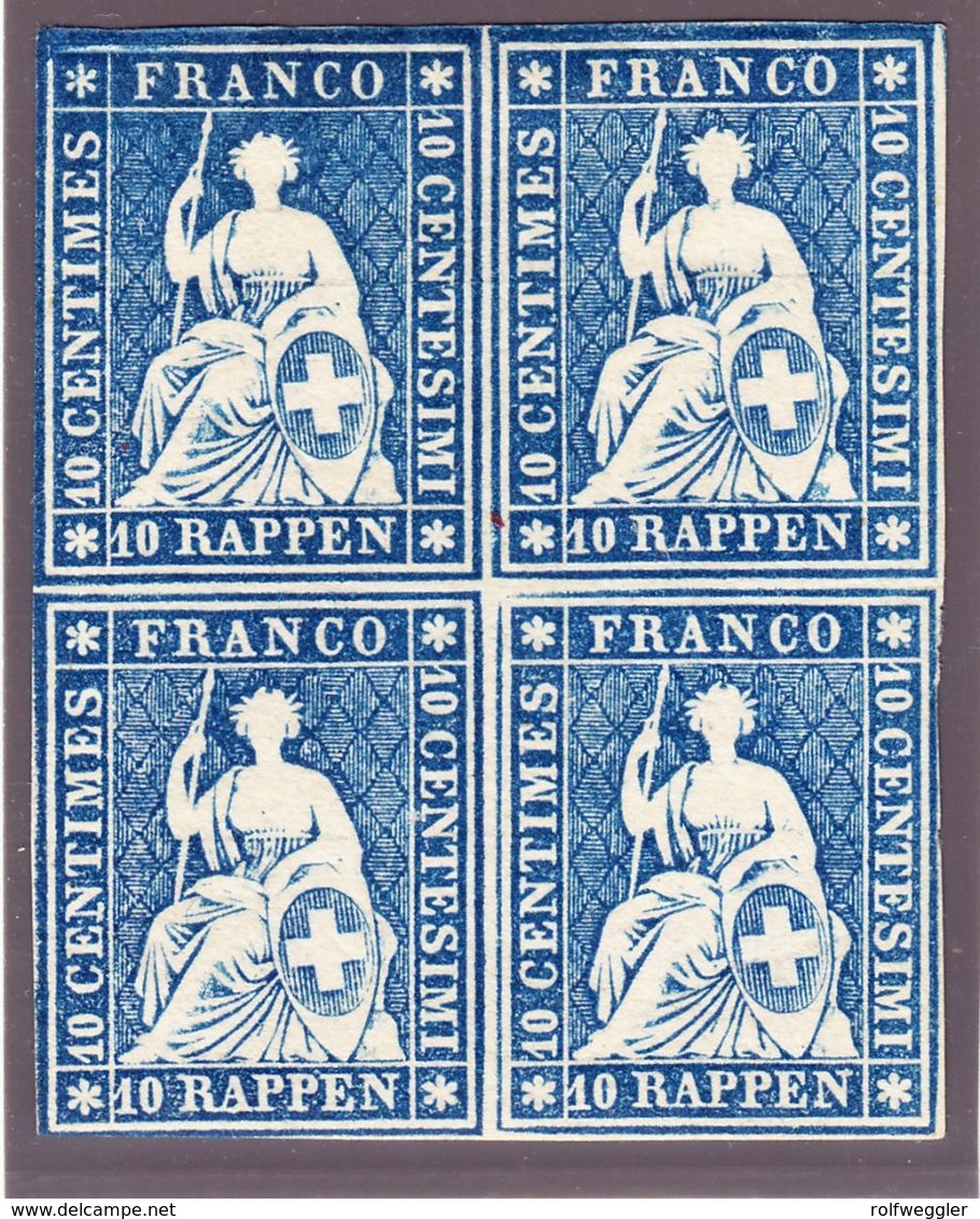 1854/62 10 Rp Blau Ungebrauchter 4er Block Strubel Marken Noch Vollrandig. Viel Originalgummi. Fotoattest Moser, - Ongebruikt