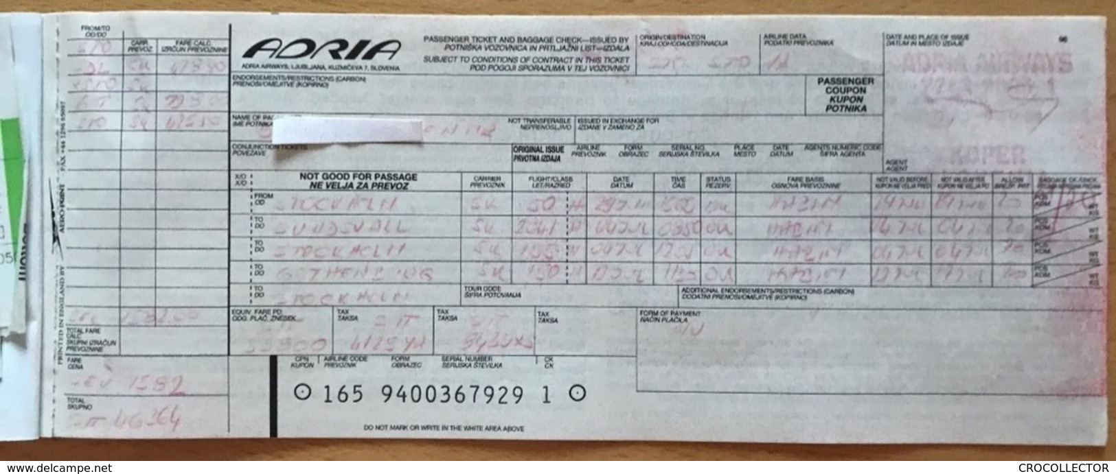 ADRIA AIRWAYS TICKET 29JUN99 STOCKHOLM SUNDSVALL STOCKHOLM GOTHENURG STOCKHOLM - Biglietti