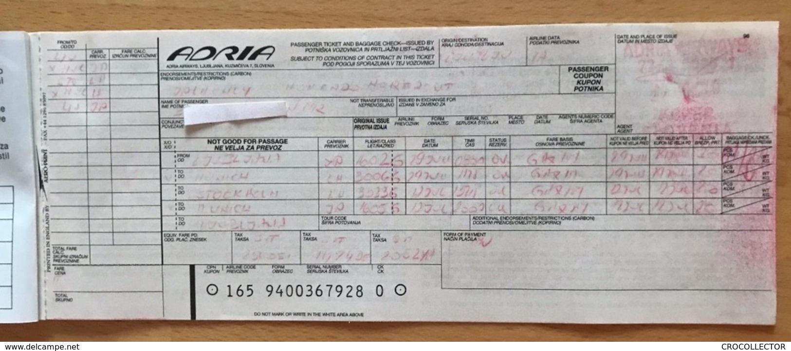 ADRIA AIRWAYS TICKET 29JUN99 LJUBLJANA MUNICH STOCKHOLM MUNICH LJUBLJANA - Tickets