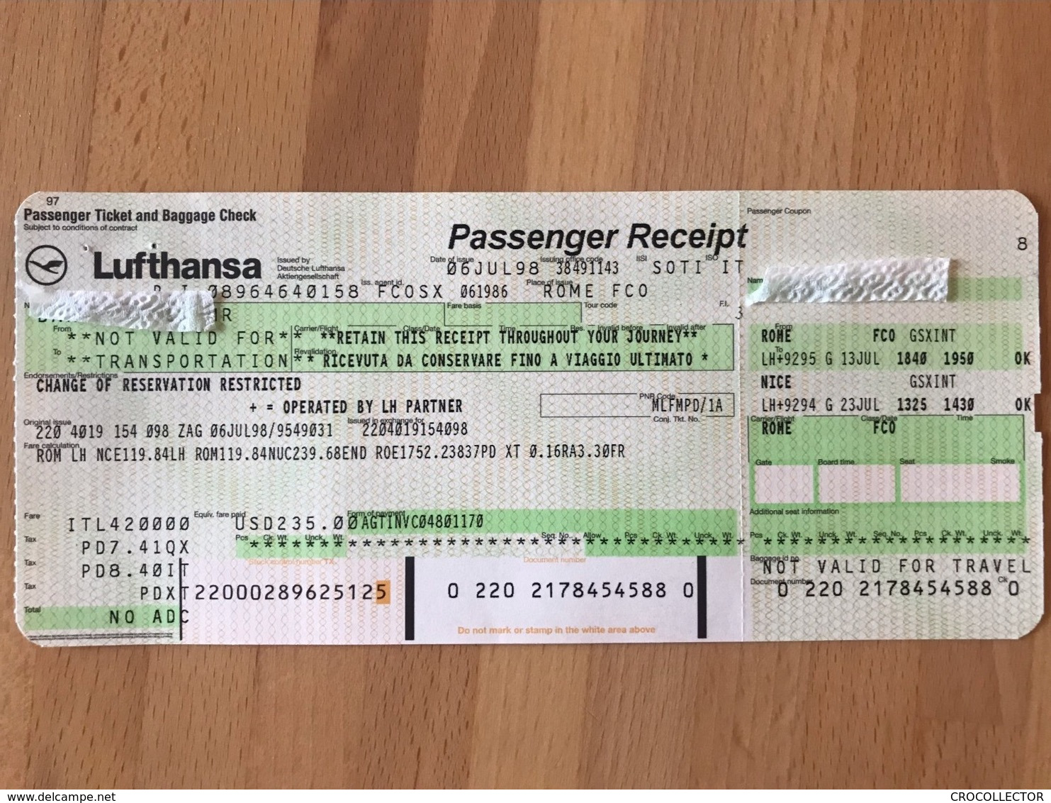 LUFTHANSA TICKET 13JUL98 ROME NICE ROME - Biglietti