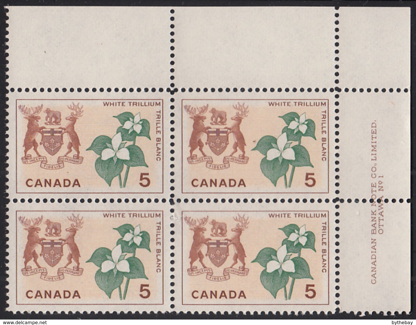 Canada 1964 MNH Sc #418 5c White Trillium Ontario Plate #1 UR - Plate Number & Inscriptions