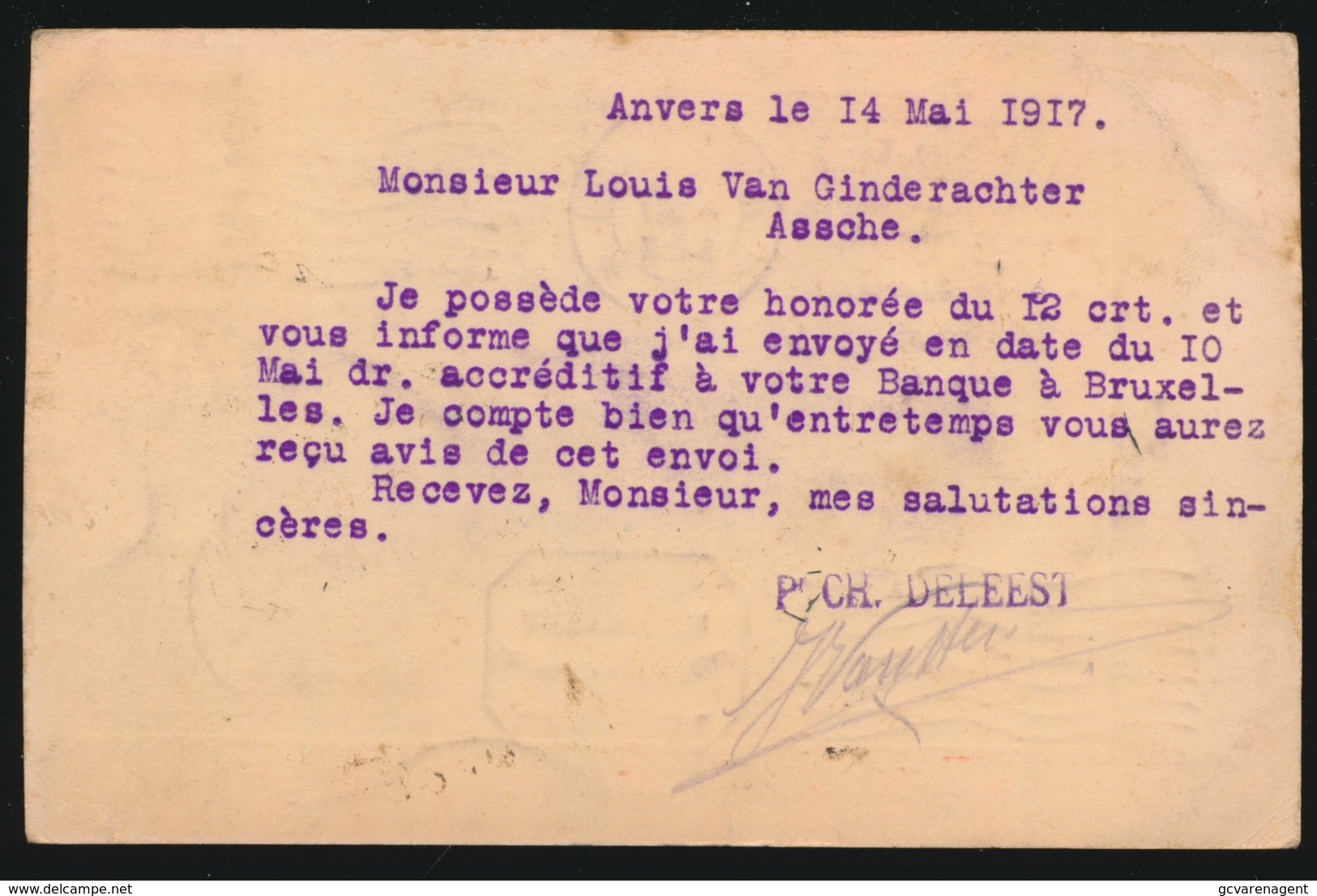 CHARLES DELEEST ANTWERPEN    NAAR ASSE DUITSCHE CONTROLE STEMPEL 1917  HOUBLONS V.GINDERACHTER  2 SCANS - Asse