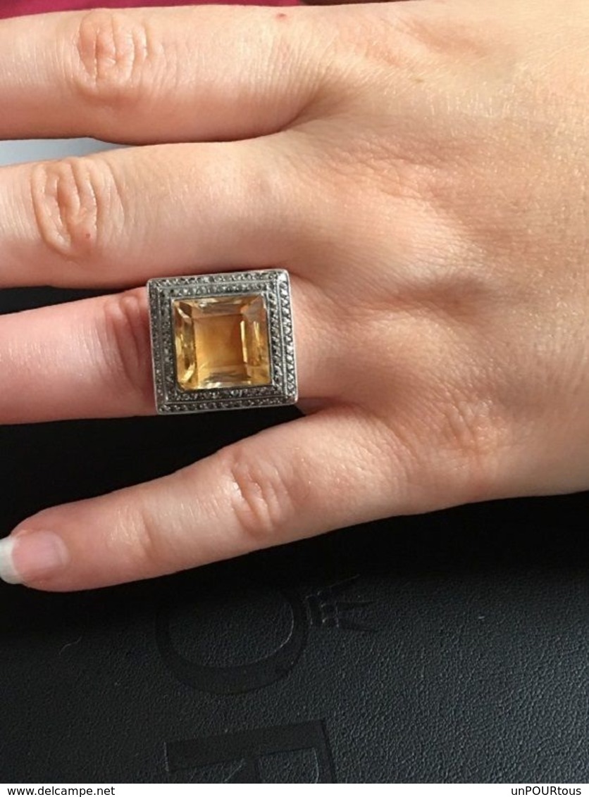 Jolie Bague En Argent Massif Sertie D'une Pierre Jaune Taille :48 - Ring