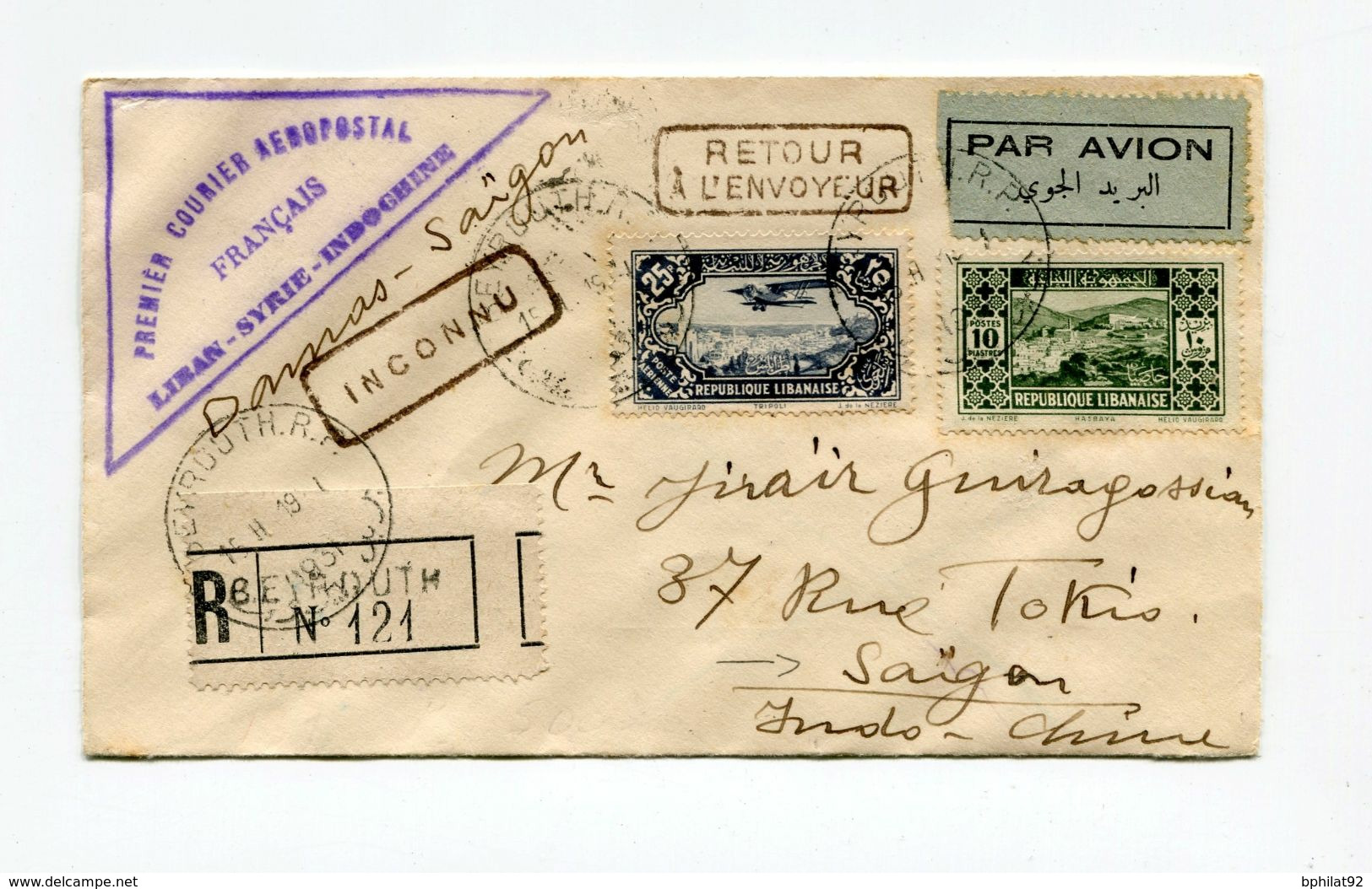 !!! LIGNE NOGUES, 1ER COURRIER AEROPOSTAL FRANCAIS LIBAN SYRIE INDOCHINE, LETTRE DE BEYROUTH POUR SAIGON - Lettres & Documents