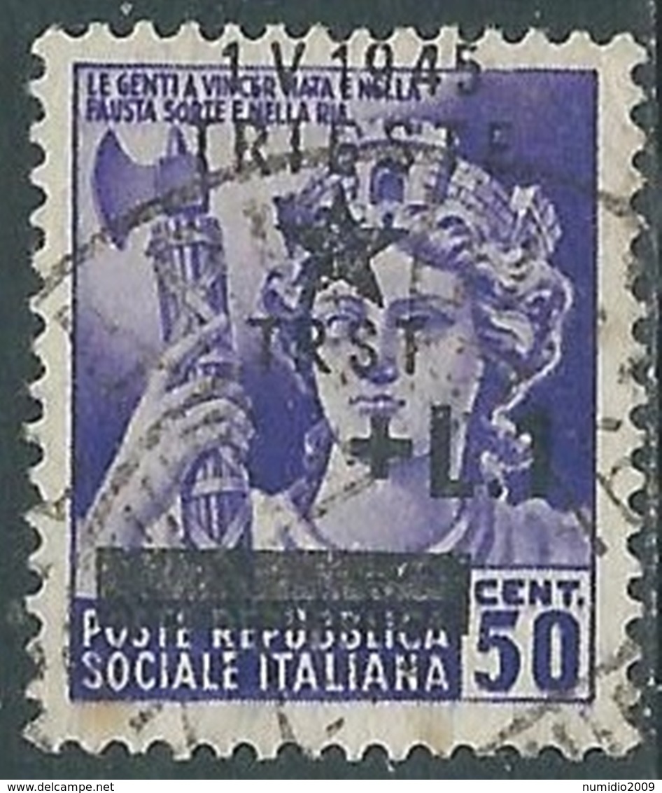 1945 OCCUP. JUGOSLAVA TRIESTE USATO 1 LIRA SU 50 CENT VARIETà SOPRASTAMPA - RA8 - Jugoslawische Bes.: Triest