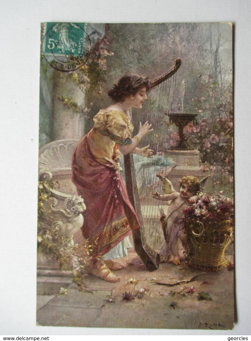 ZATZKA     JEUNE  FEMME  A  LA  HARPE    ET  ANGELOT  ...  .      TTB - Zatzka