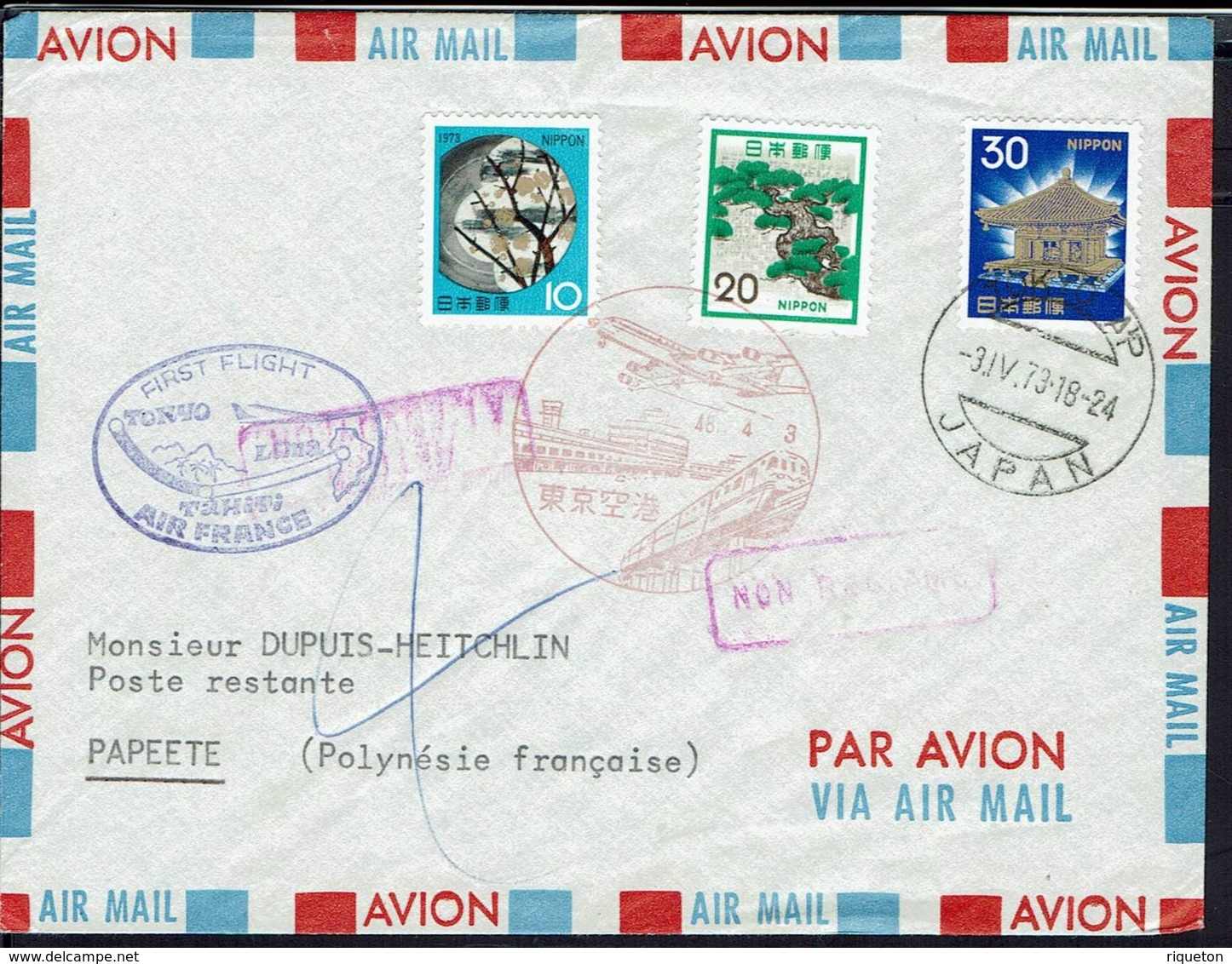 Polynésie Française - Enveloppe First Flight Tokio Tahiti Par Air France 3-IV-1973 - TB - - Covers & Documents