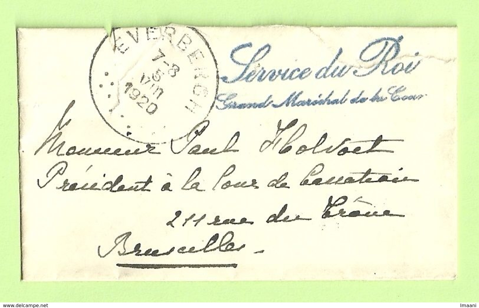 Carte-Visite En Franchise Service Du Roi GD Maréchal De La Cour C.Everbergh 5/8/1920  (K5214) - Franchise