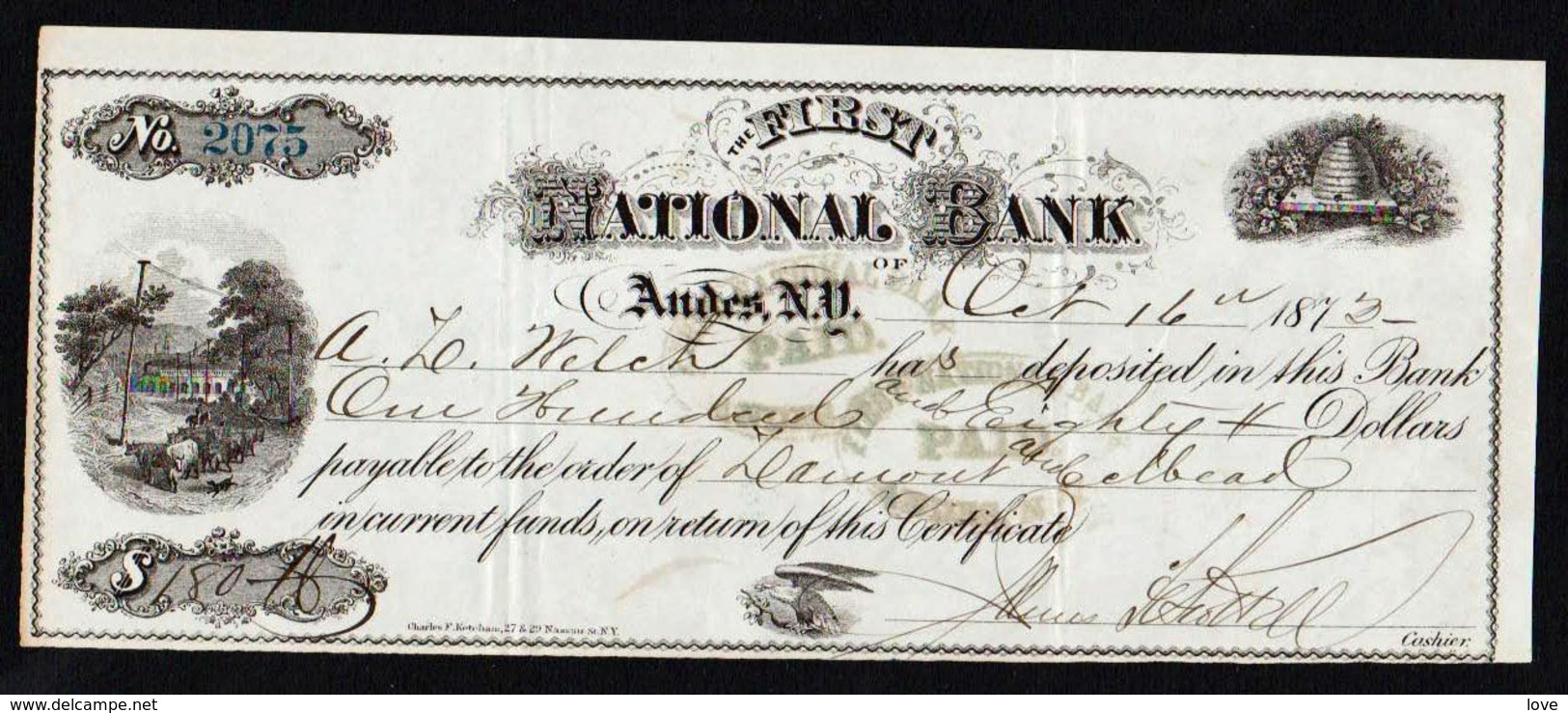 ETATS UNIS: Billet Illustré De The First National Bank Of New- York De 1873. Superbe - New York