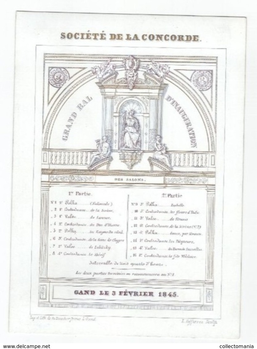 1 Carte Porcelaine Société De La Concorde Grand Bal D'Inauguration Gand 1845  Sculpteur Defferrez  Lith.DE Busscher VG - Porcelaine