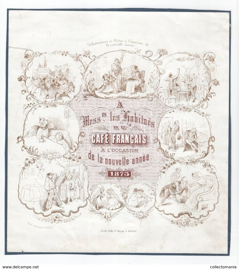 1 Carte Porcelaine  Café Français à L'Occasion De La Nouvelle Année  1873  Litho. S. Mayer  Anvers Cafee - Porcelaine