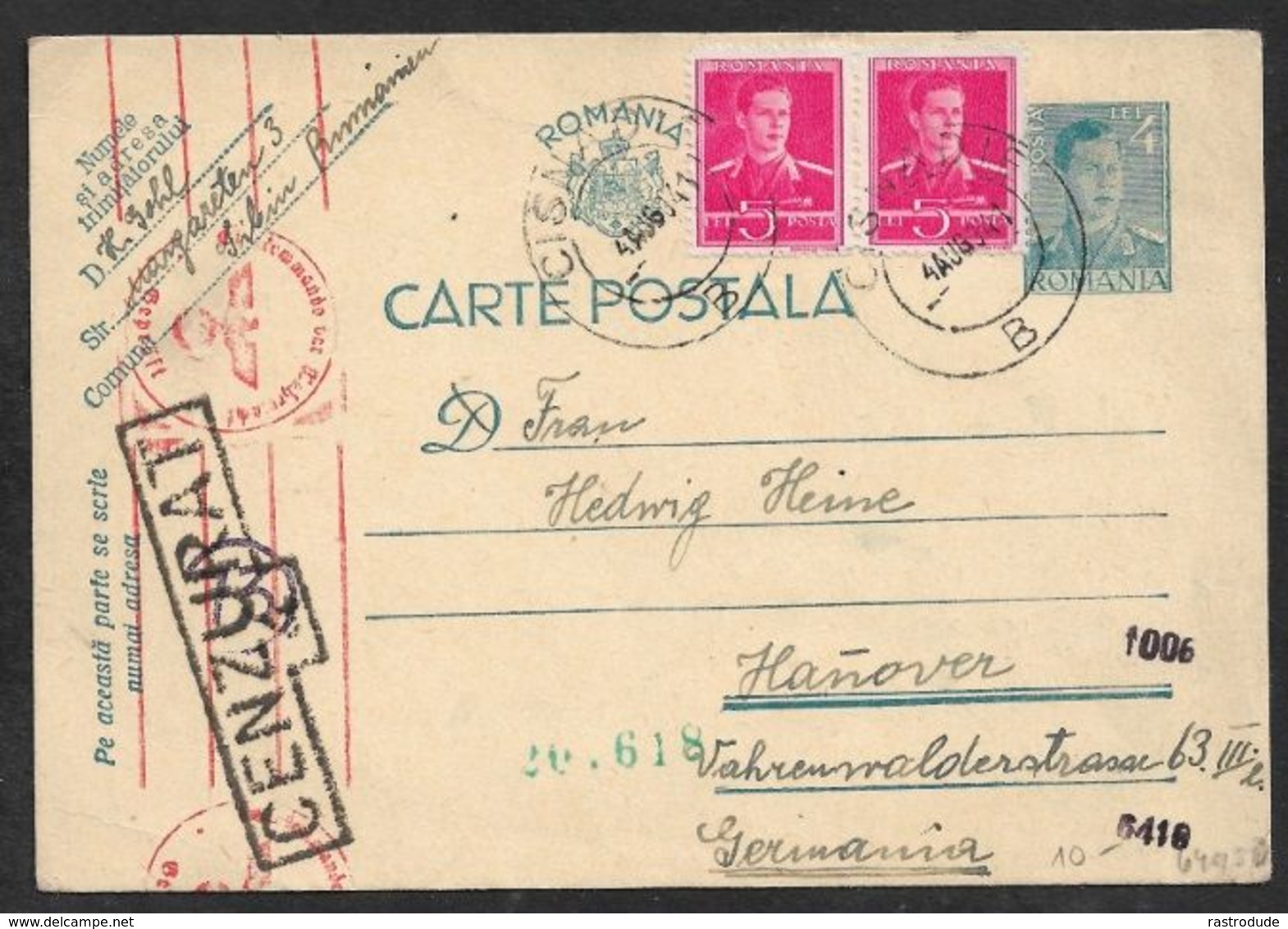 1941 RUMÄNIEN ROMANIA - Mi. P 101 - + 10L (2x5l) N. HANNOVER - CENZURAT + OKW ZENSUR - Lettres 2ème Guerre Mondiale